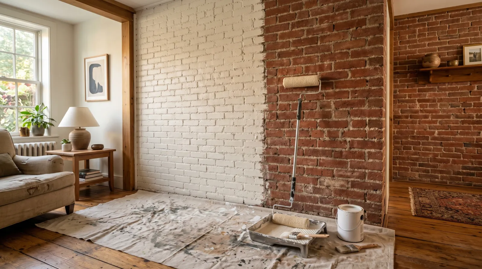 Interior red brick wall mid-paint job with one section painted white and the rest still bare brick