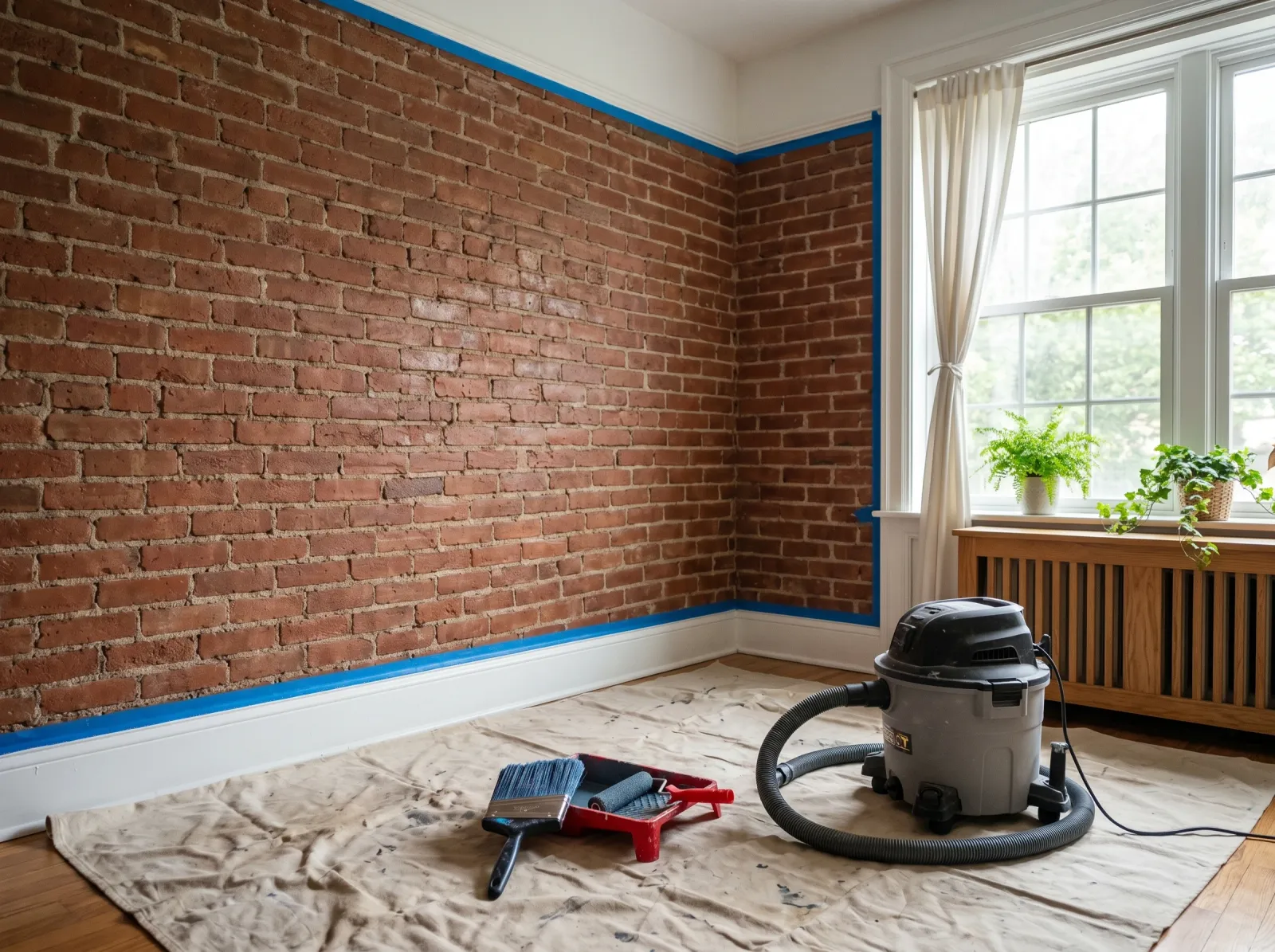 Bare interior brick wall taped off at the edges with the mortar joints brushed clean