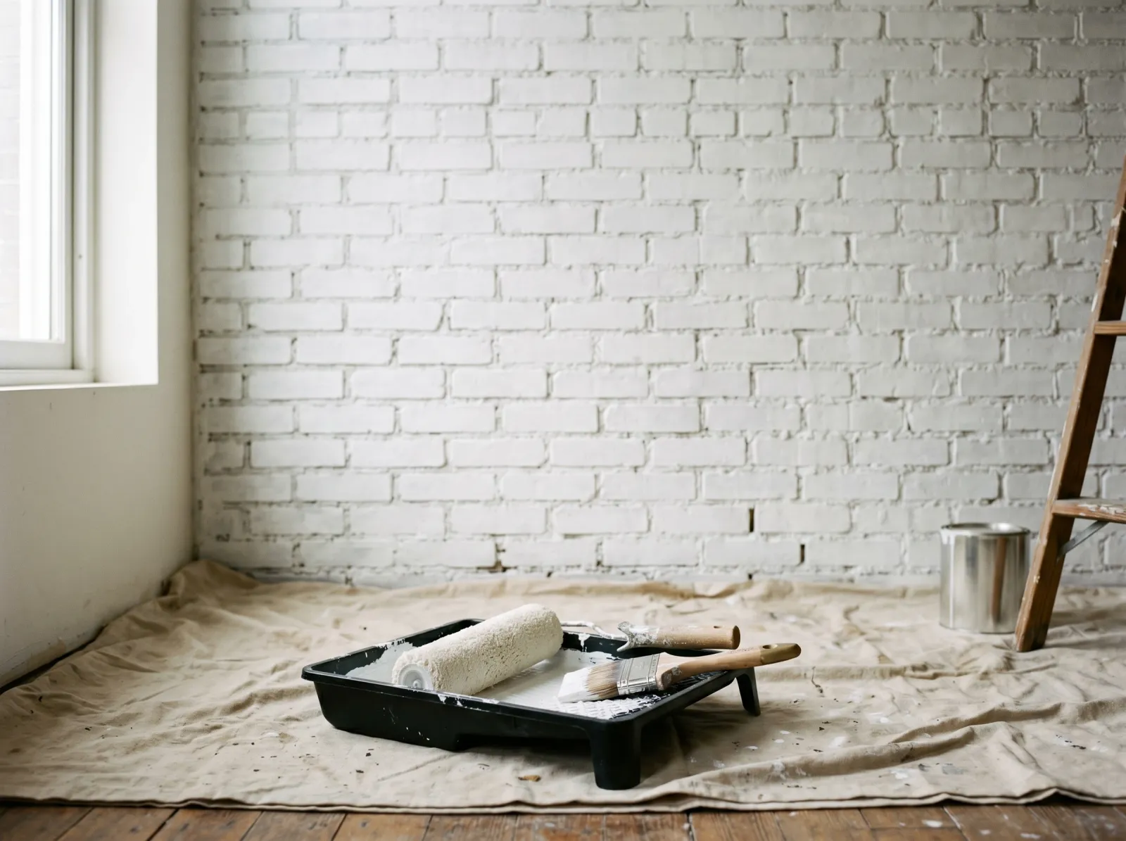 Interior brick wall coated in white masonry primer with the mortar joints fully filled