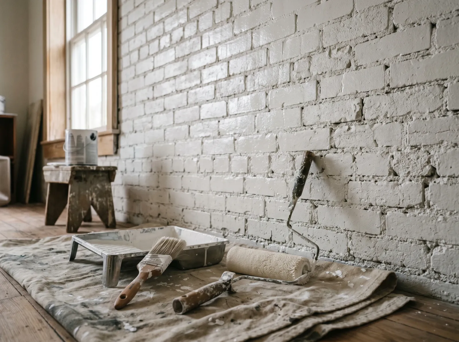 Interior brick wall with a first white finish coat drying, brick texture still visible