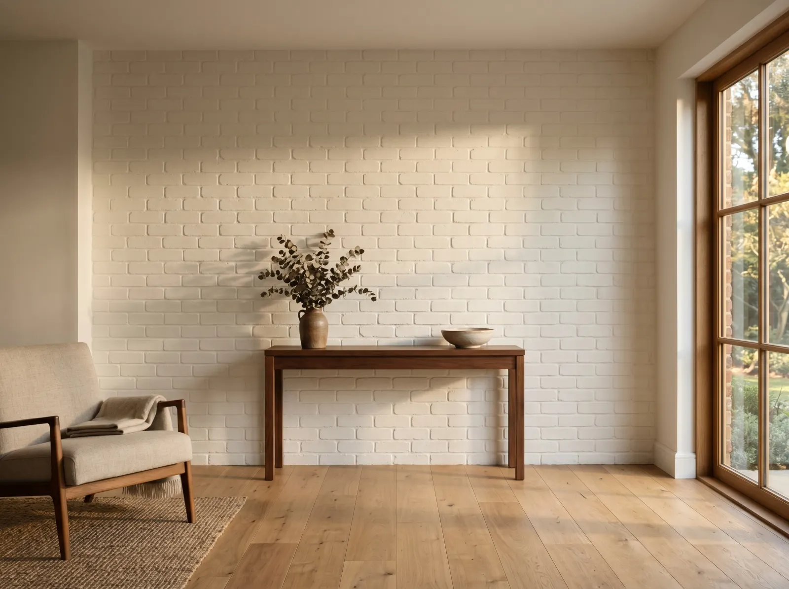 Finished interior brick wall painted soft warm white with the brick texture still visible
