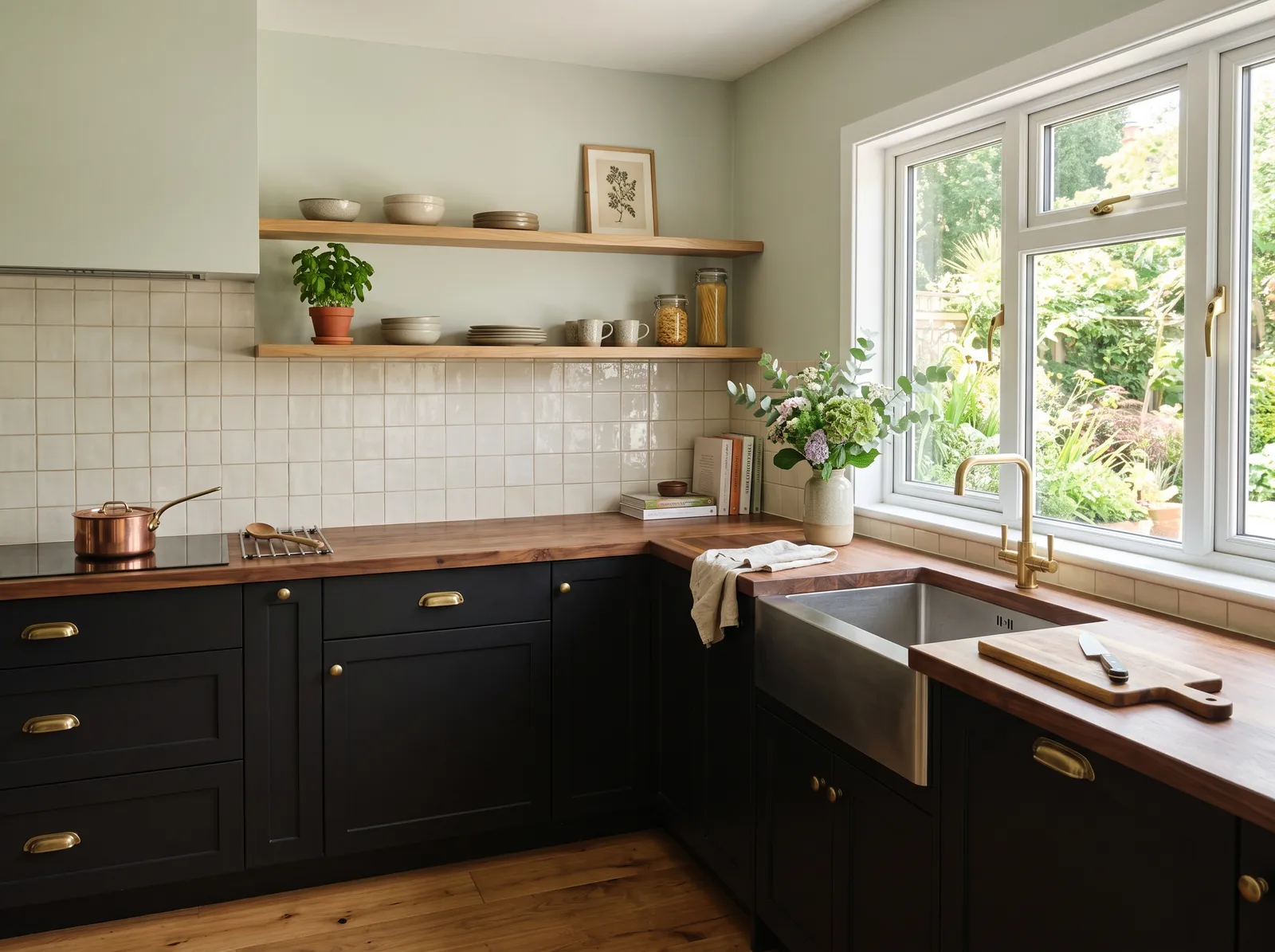 Black Cabinets painted in Sea Salt — Pale Sage Walls