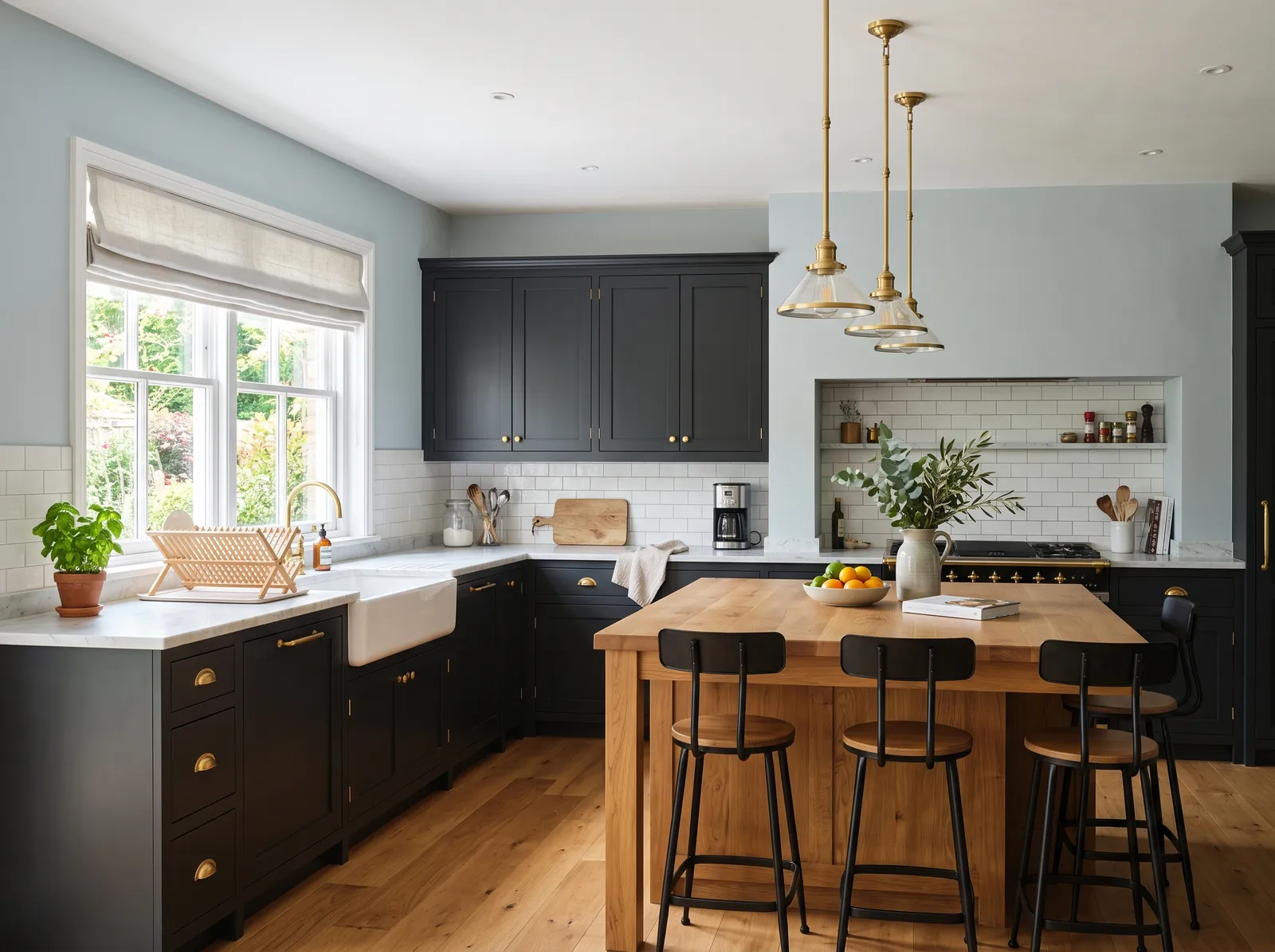 Black Cabinets painted in Misty — Soft Blue-Gray Walls