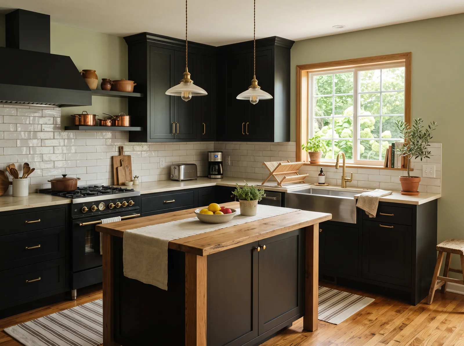 Black Cabinets painted in Saybrook Sage — Soft Green Walls
