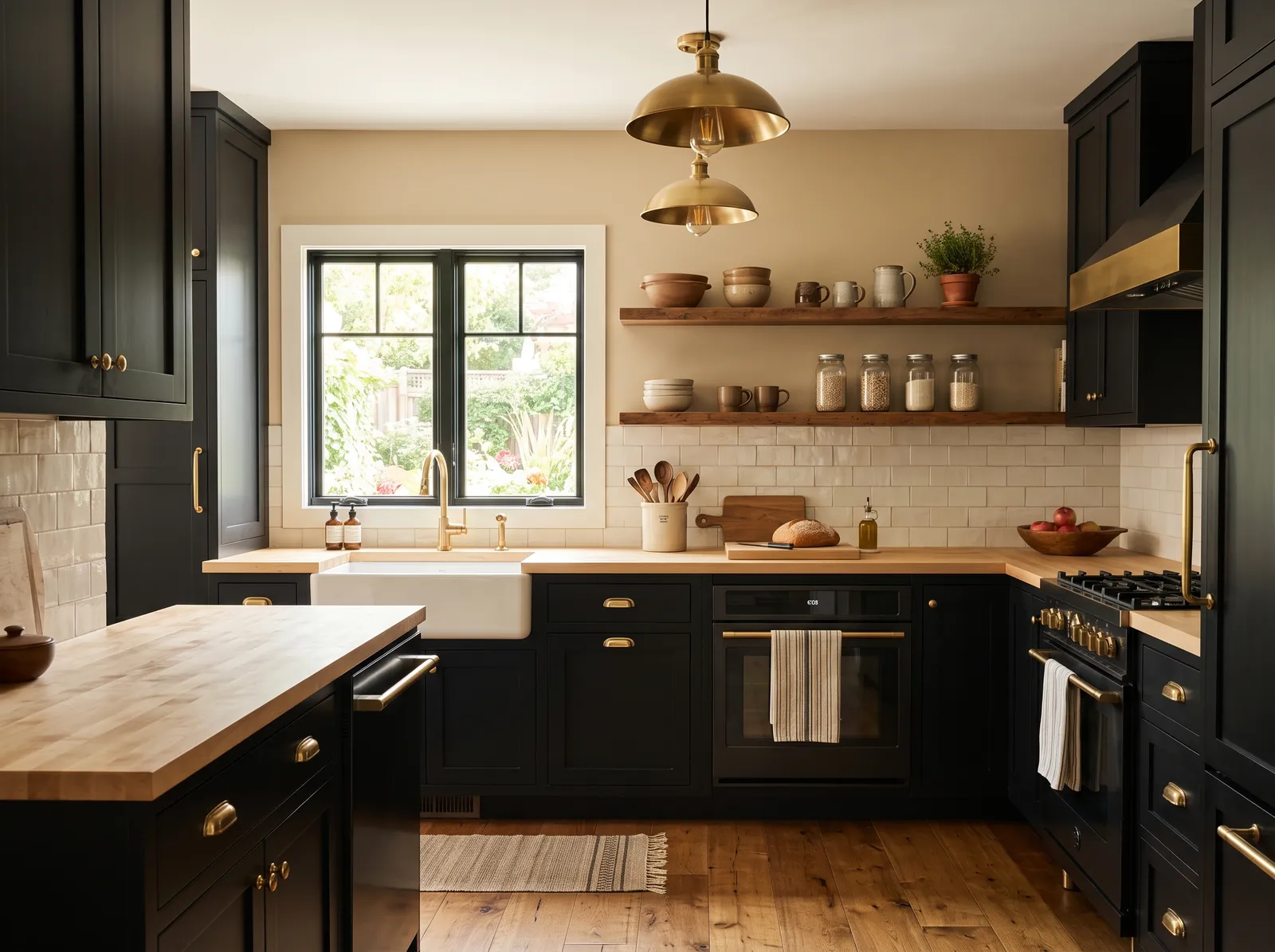 Black Cabinets painted in Manchester Tan — Soft Tan Walls