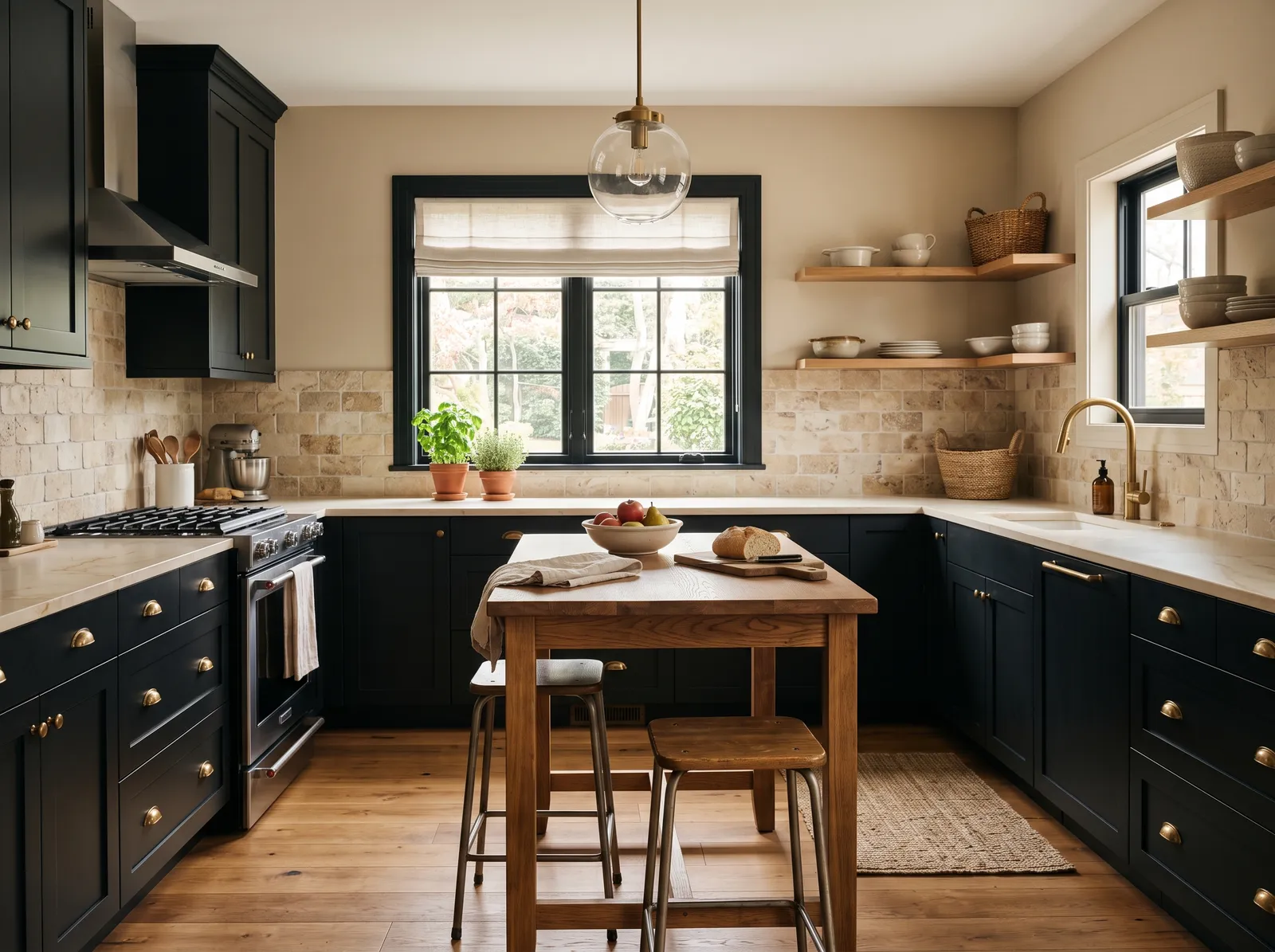 Black Cabinets painted in Accessible Beige — Warm Beige Walls