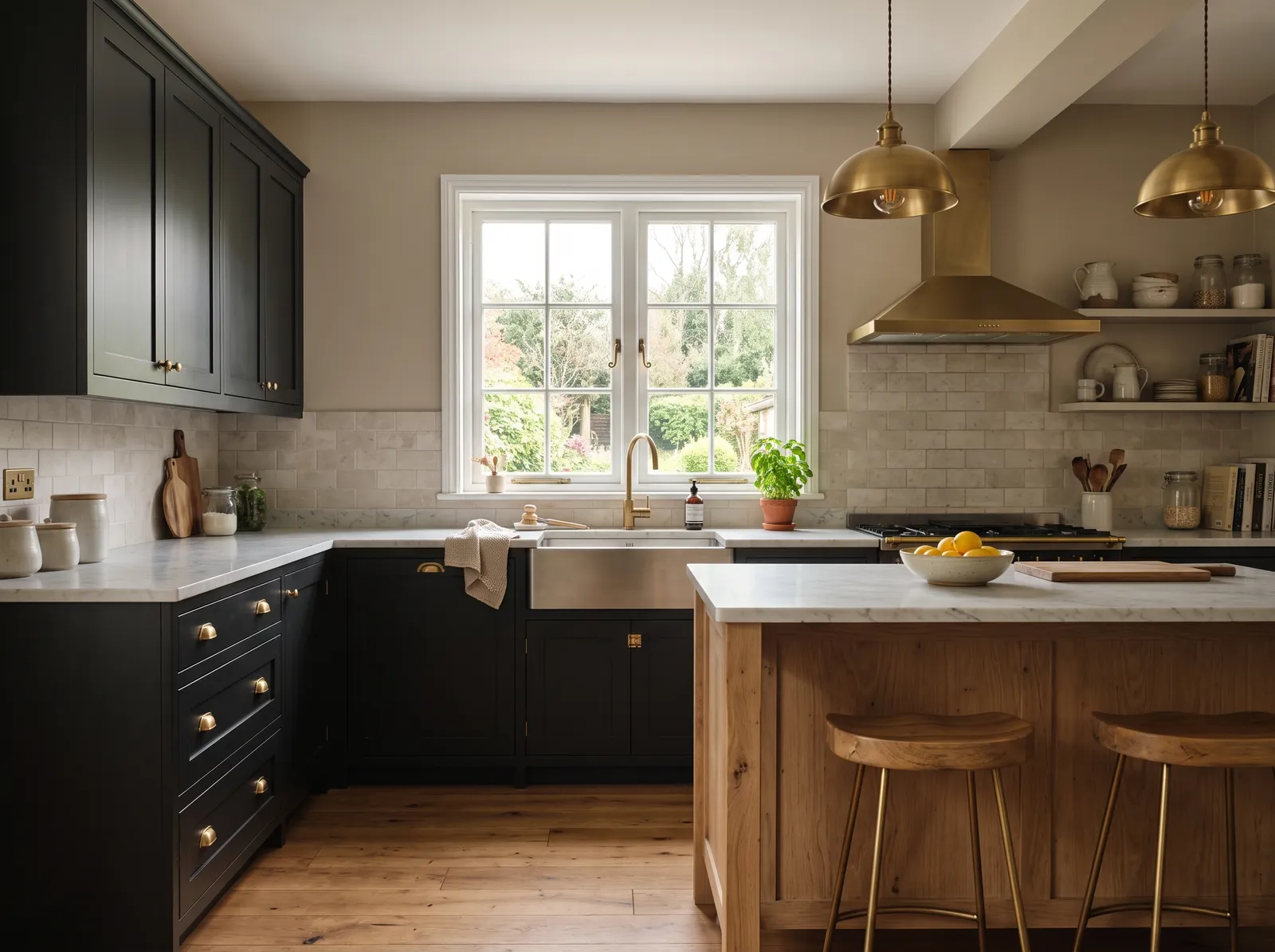 Black Cabinets painted in Revere Pewter — Warm Greige Walls