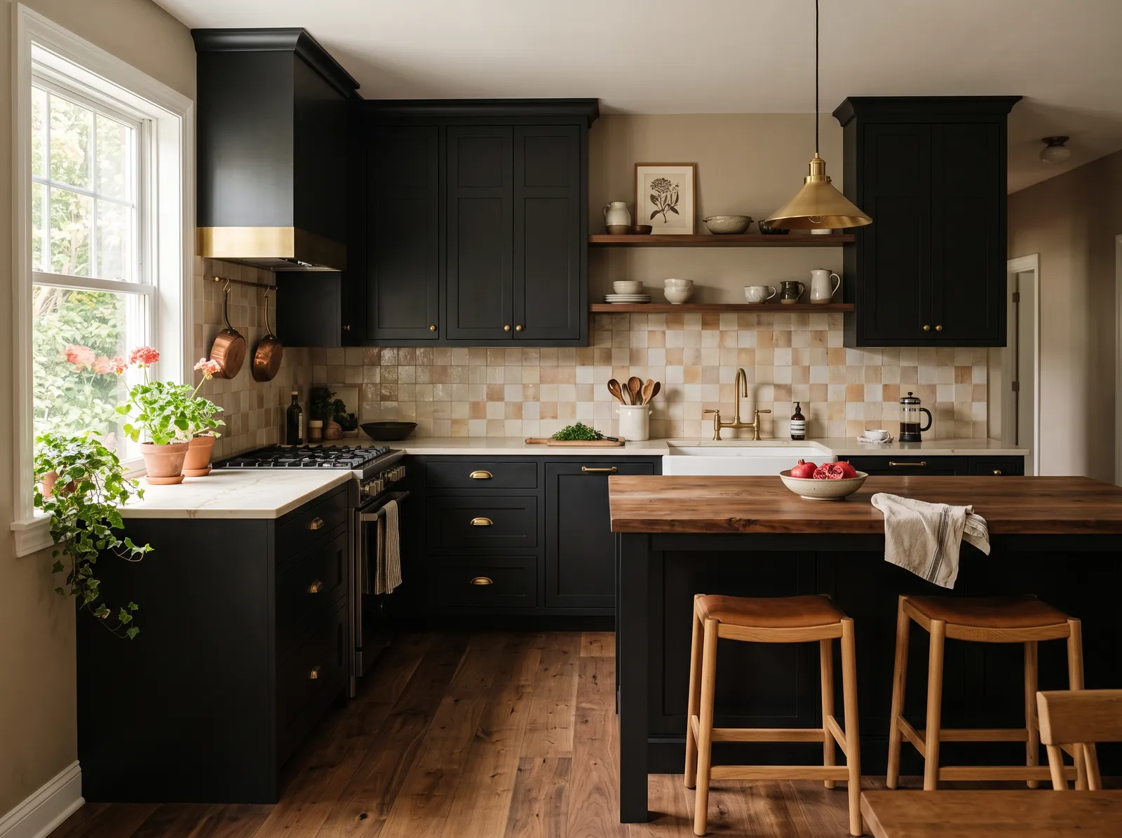Black Cabinets painted in Pashmina — Warm Taupe Walls