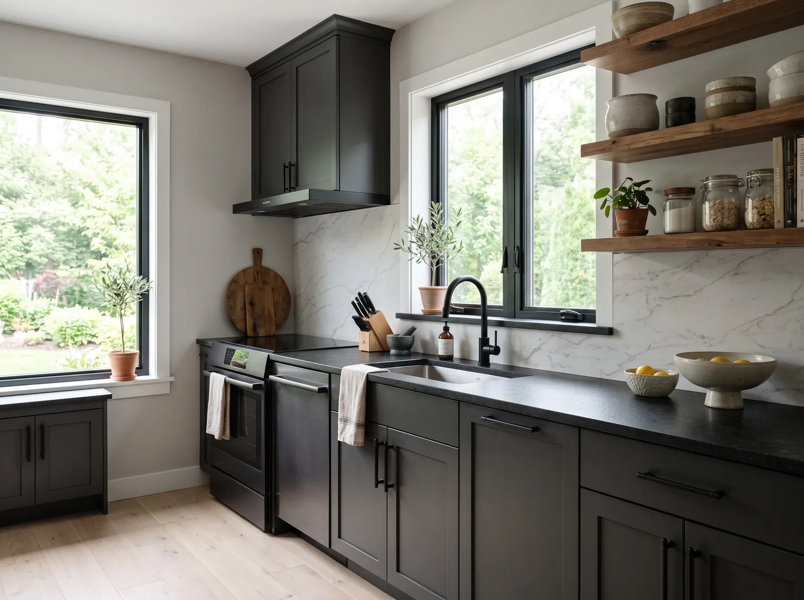 Black Countertops painted in Iron Ore — Charcoal Gray Cabinets