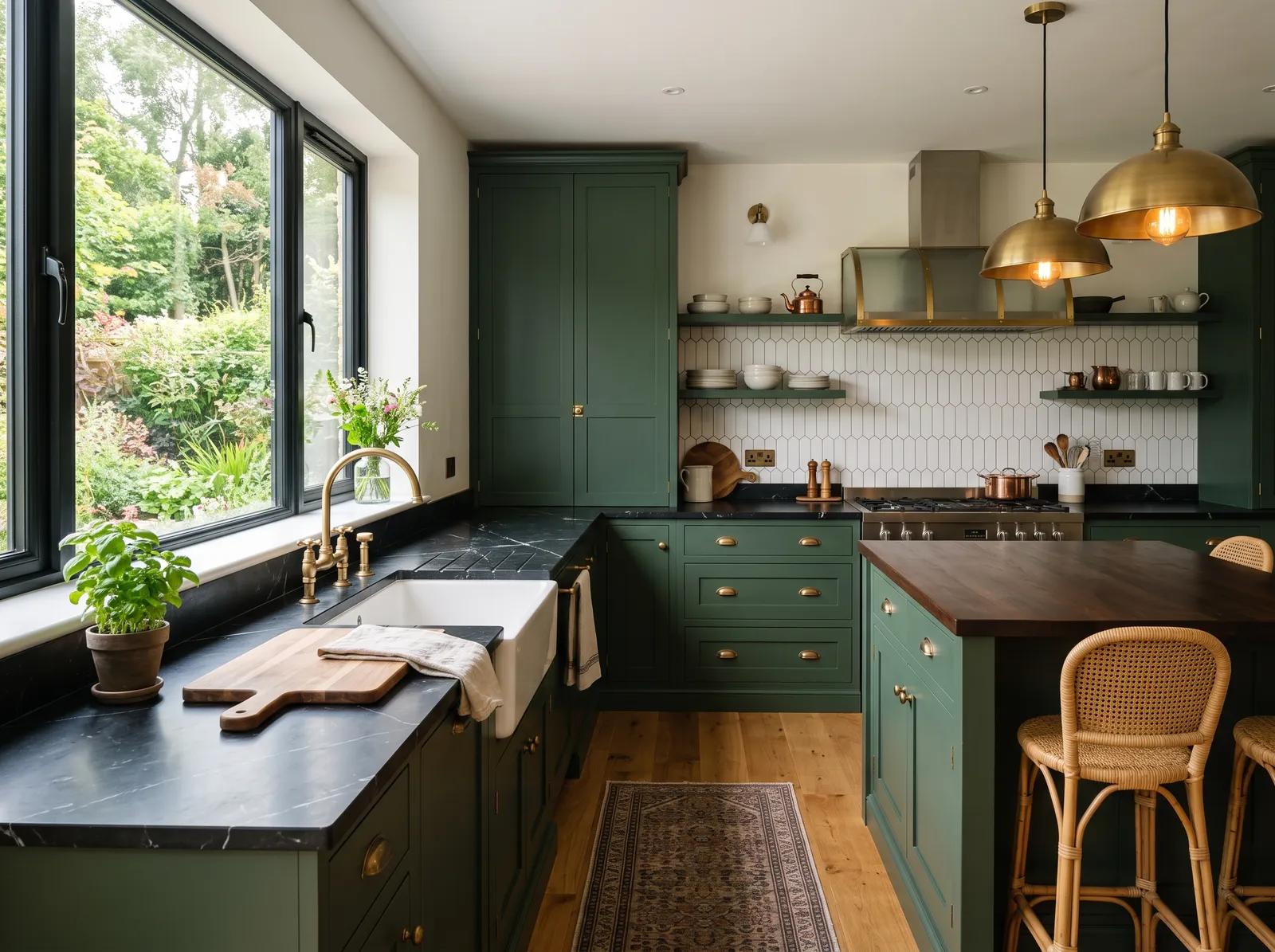 Black Countertops painted in Studio Green — Deep Green Cabinets