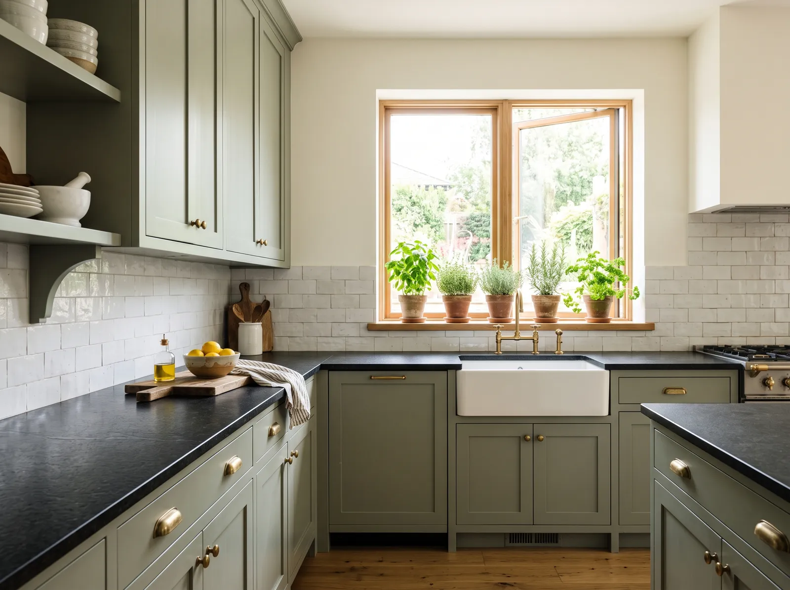 Black Countertops painted in Evergreen Fog — Sage Green Cabinets
