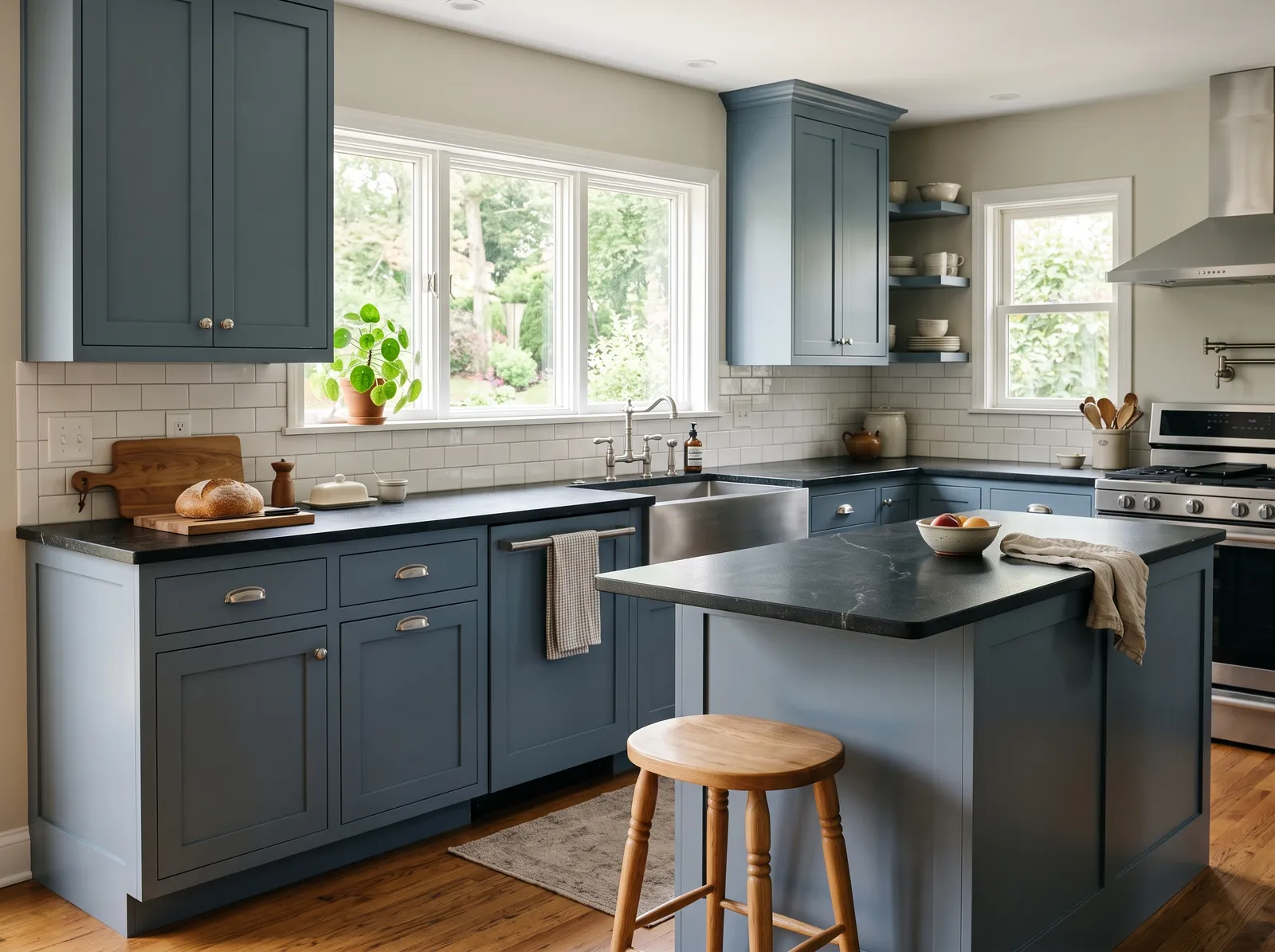 Black Countertops painted in Smoky Blue — Slate Blue Cabinets