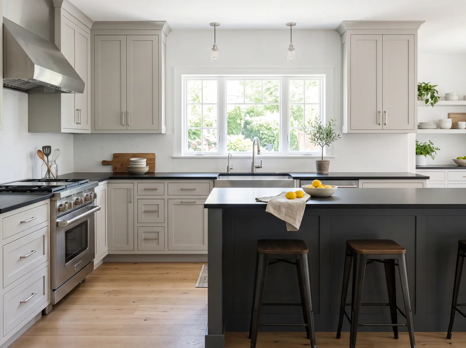 Black Countertops painted in Light French Gray — Soft Gray Cabinets