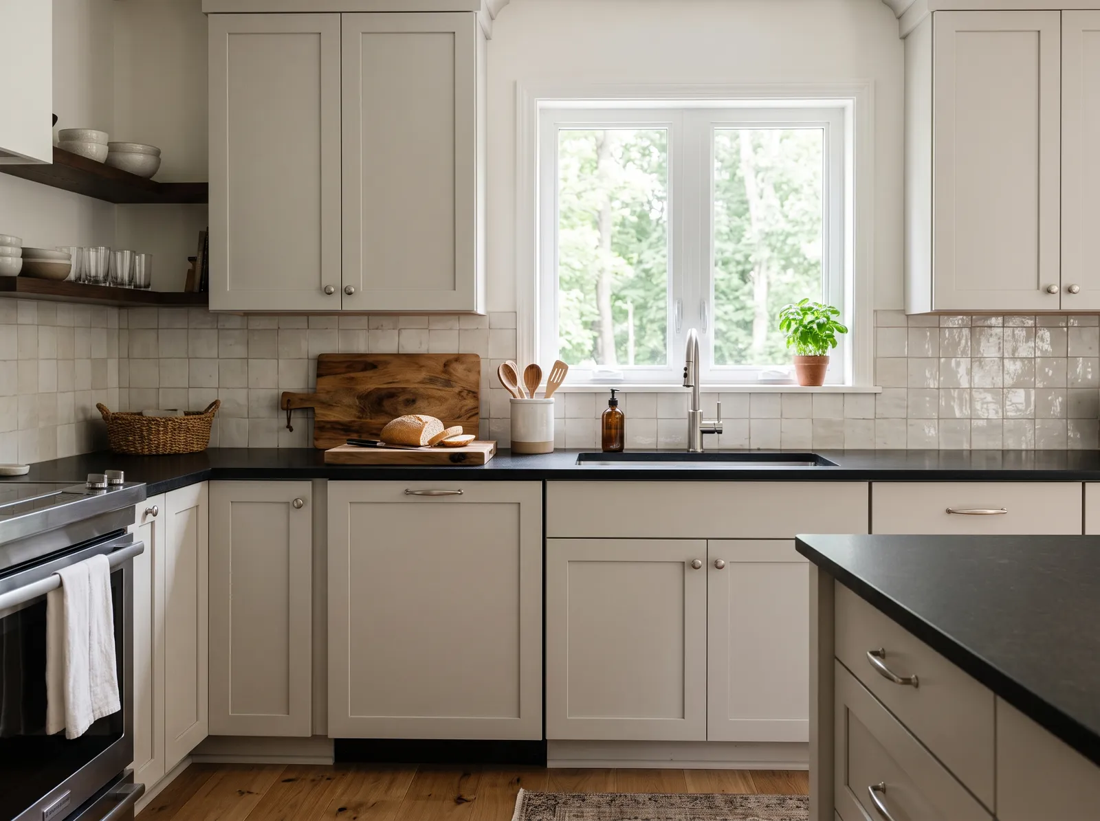 Black Countertops painted in Agreeable Gray — Soft Greige Cabinets