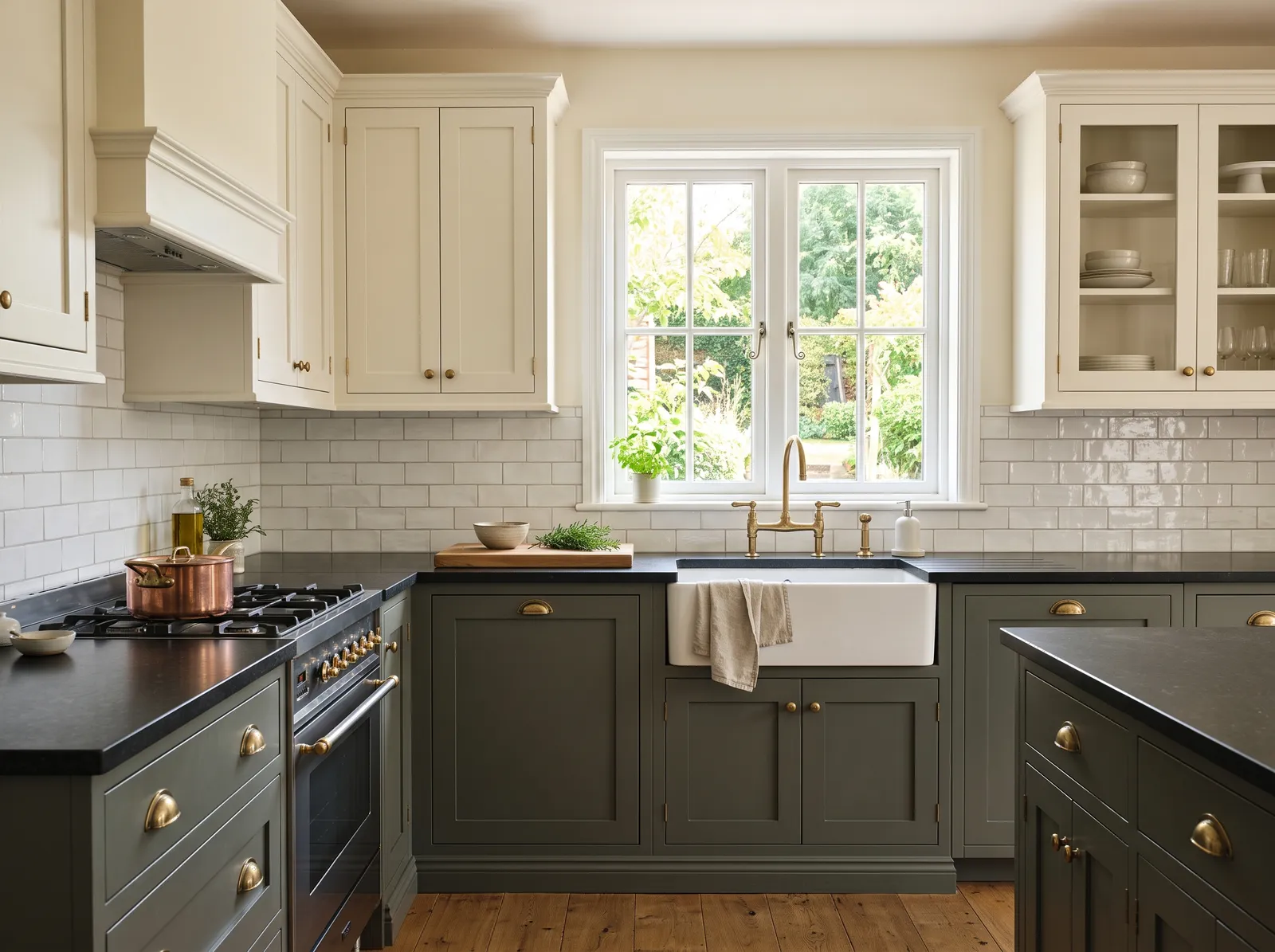 Black Countertops painted in Pewter Green — Two-Tone Cabinets
