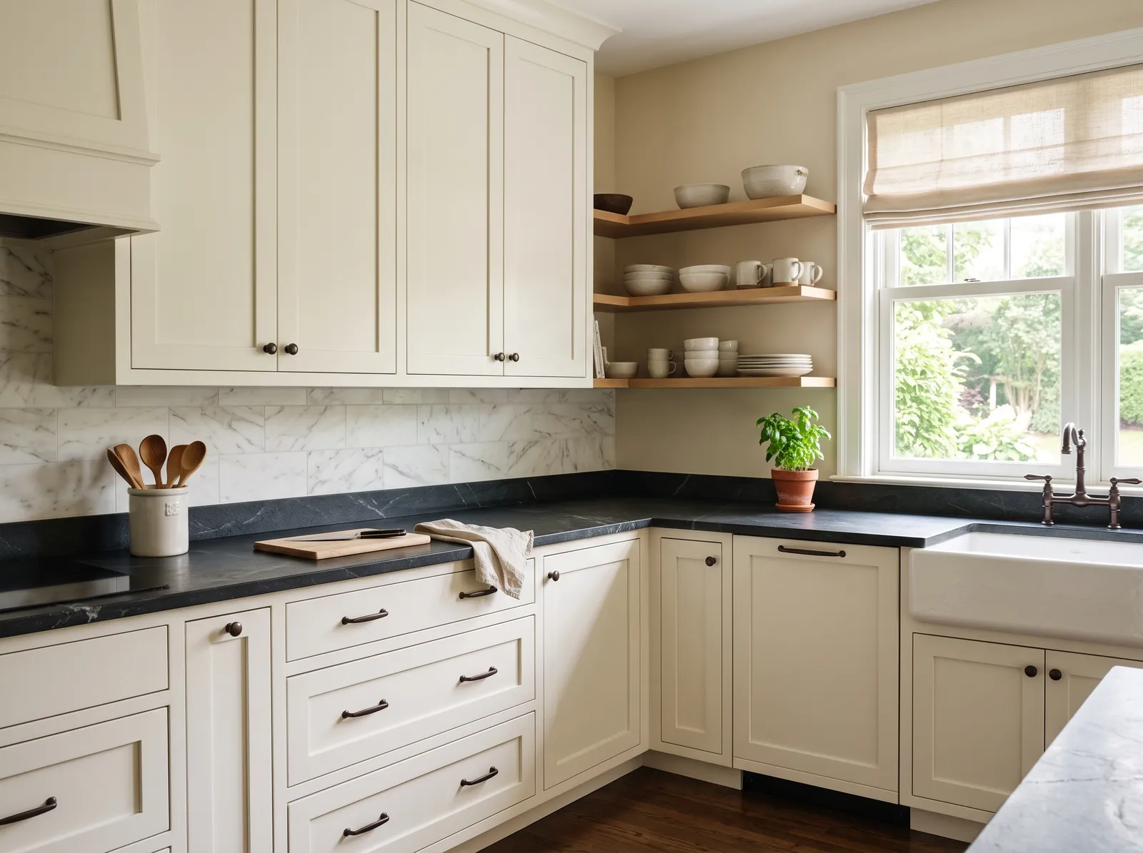 Black Countertops painted in White Dove — Warm White Cabinets