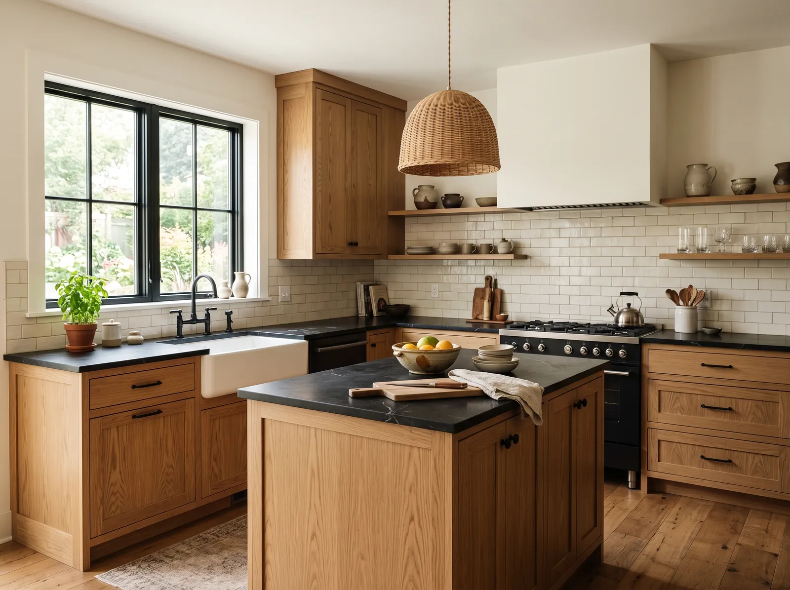Black Countertops painted in Burlap — Warm Wood Cabinets