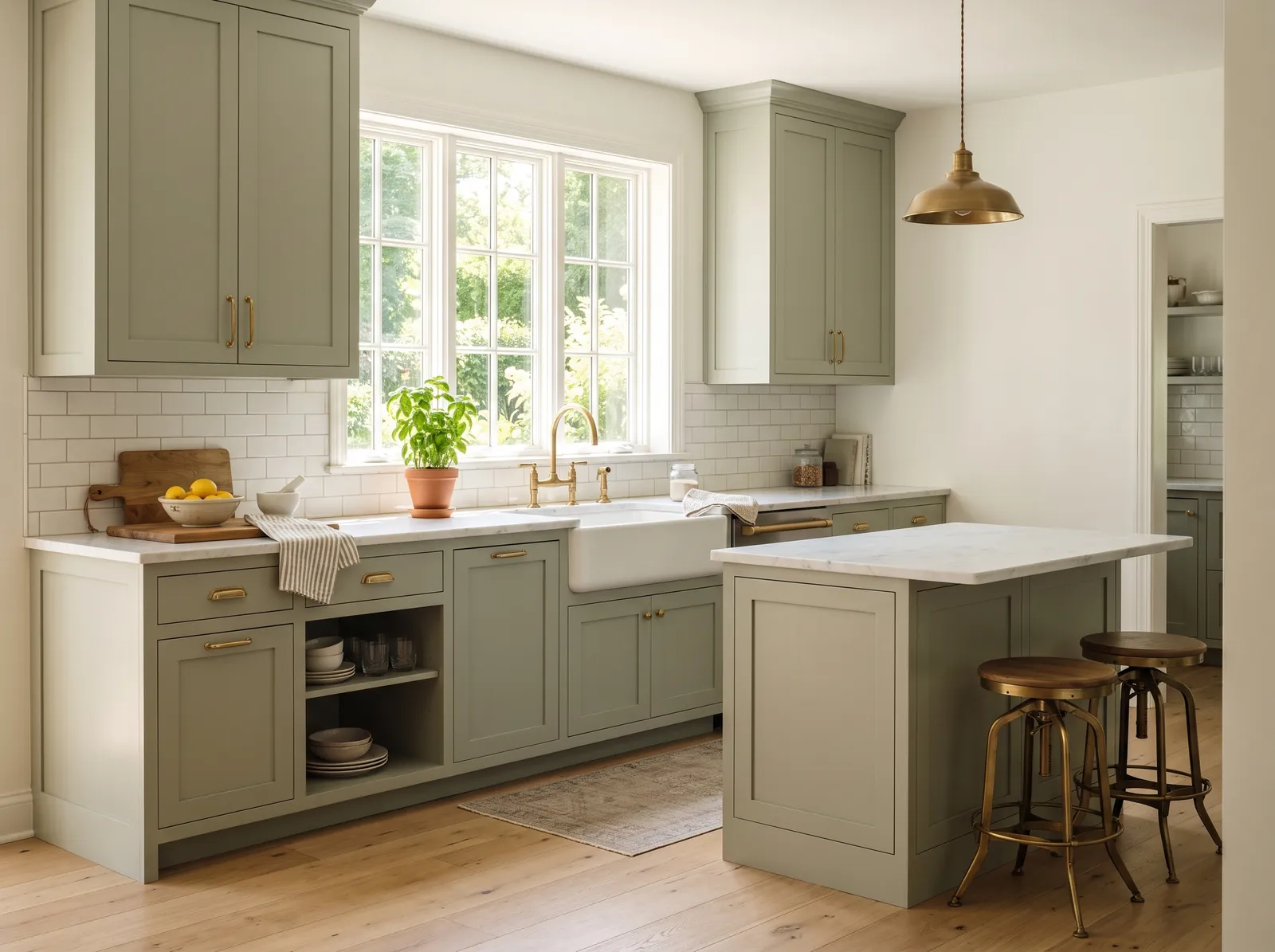 Cabinet Colors painted in Evergreen Fog — Soft Sage Cabinets