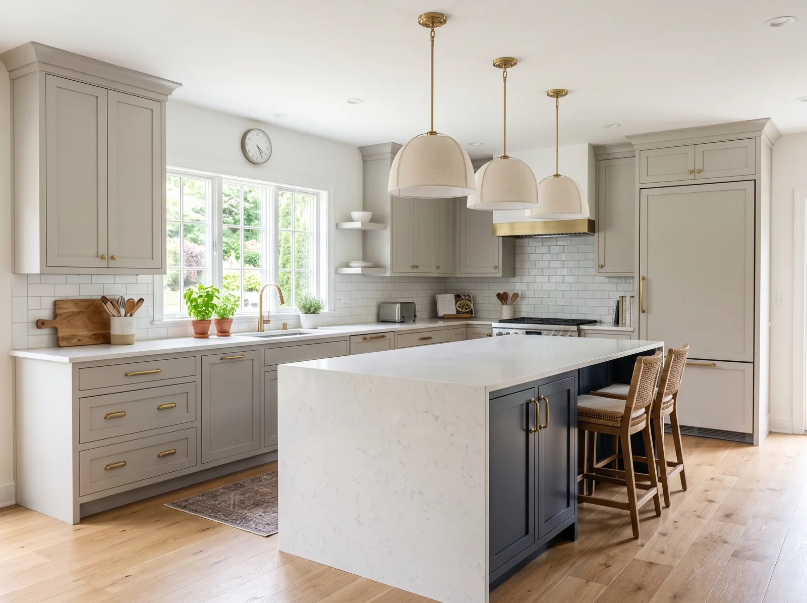 Cabinet Colors painted in Repose Gray — Two-Tone With Navy Island