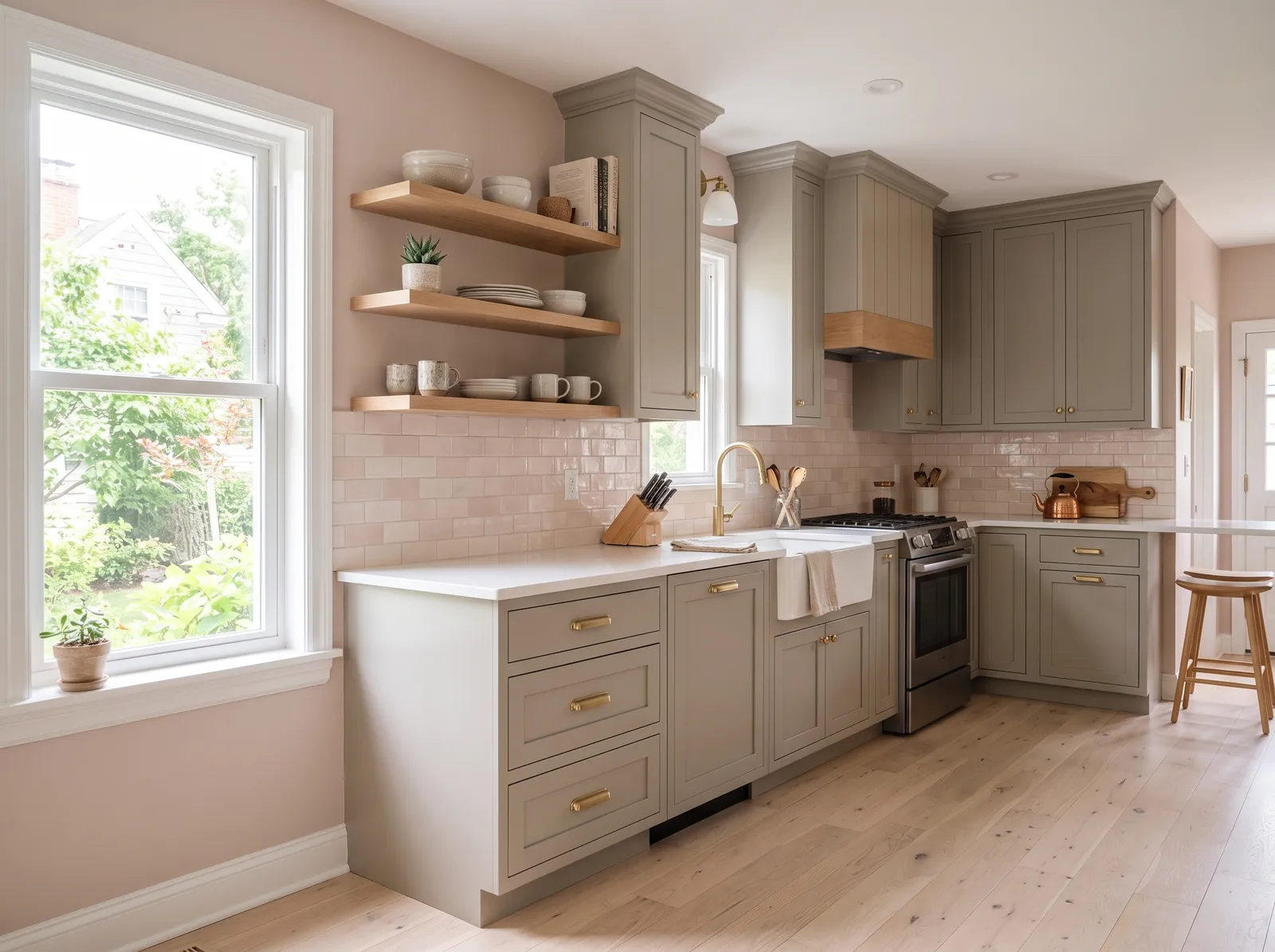Gray Cabinets painted in Malted Milk — Blush Greige Walls
