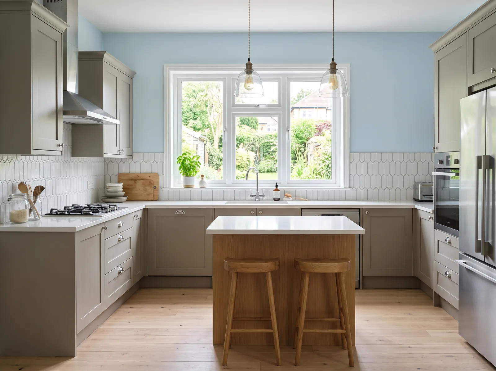 Gray Cabinets painted in Breath of Fresh Air — Pale Blue Walls