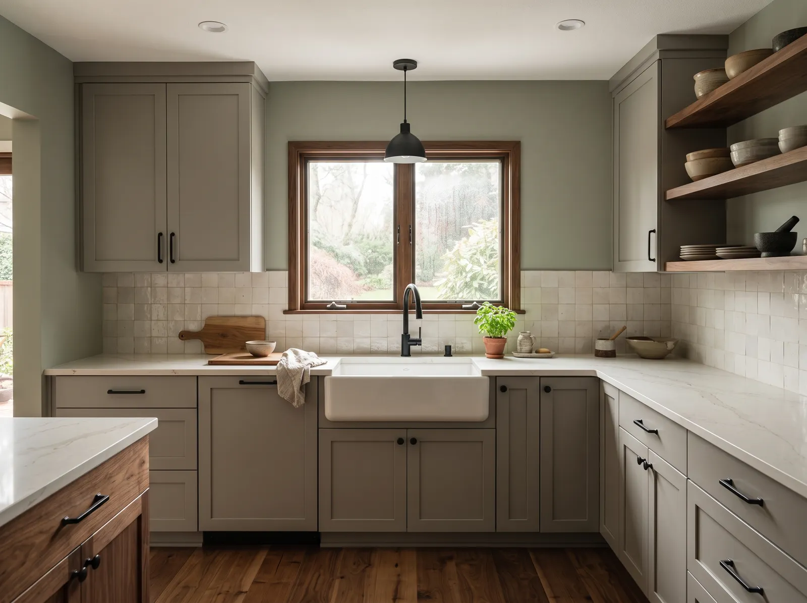 Gray Cabinets painted in Evergreen Fog — Sage Walls