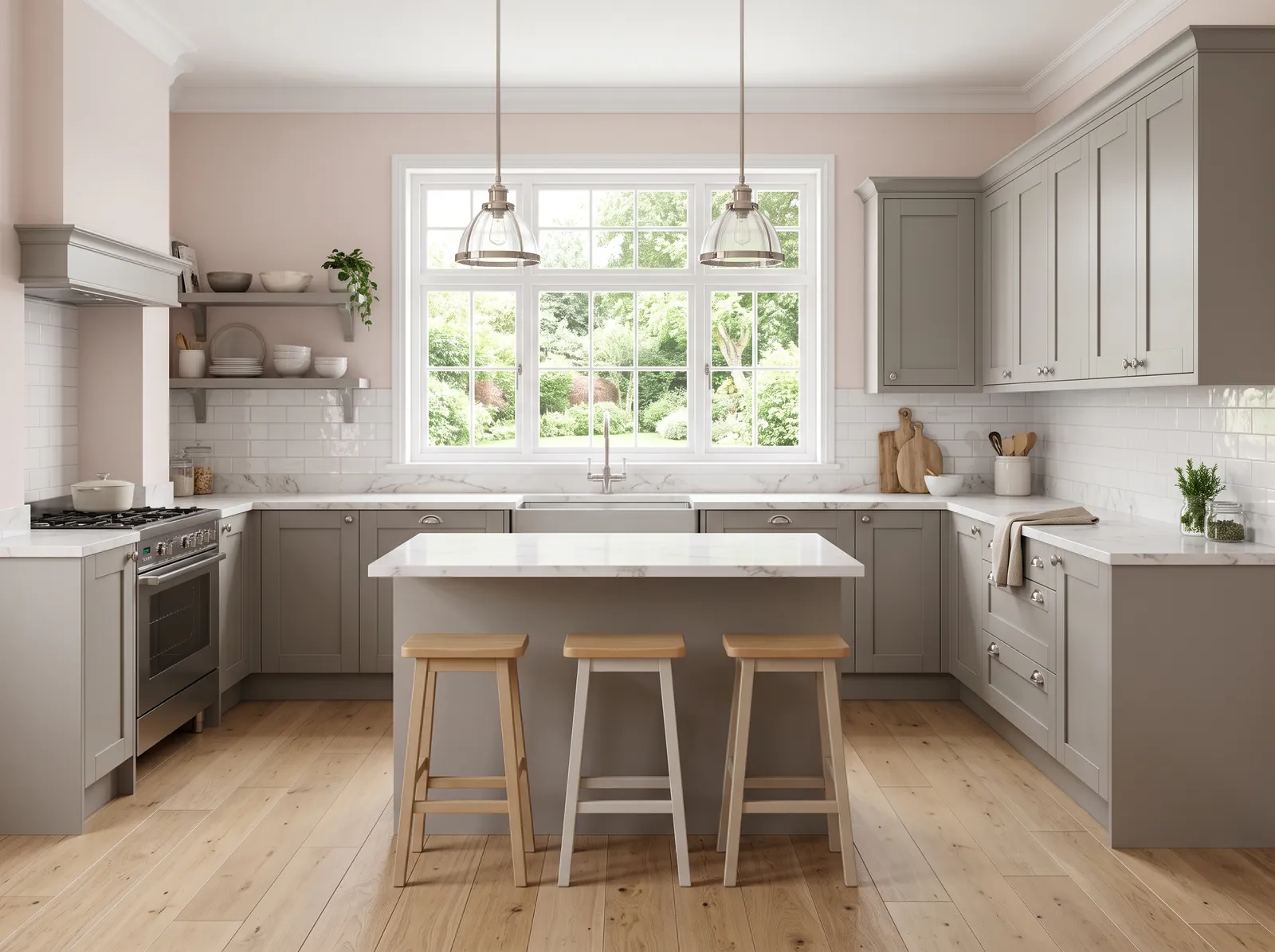 Gray Cabinets painted in First Light — Soft Blush Walls