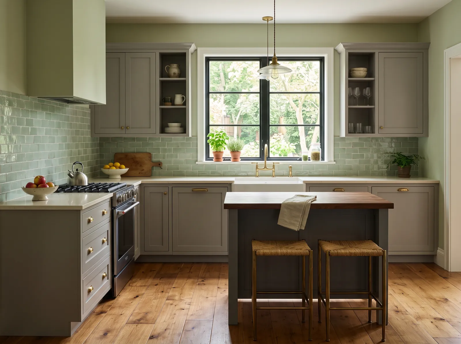 Gray Cabinets painted in Saybrook Sage — Soft Green Walls