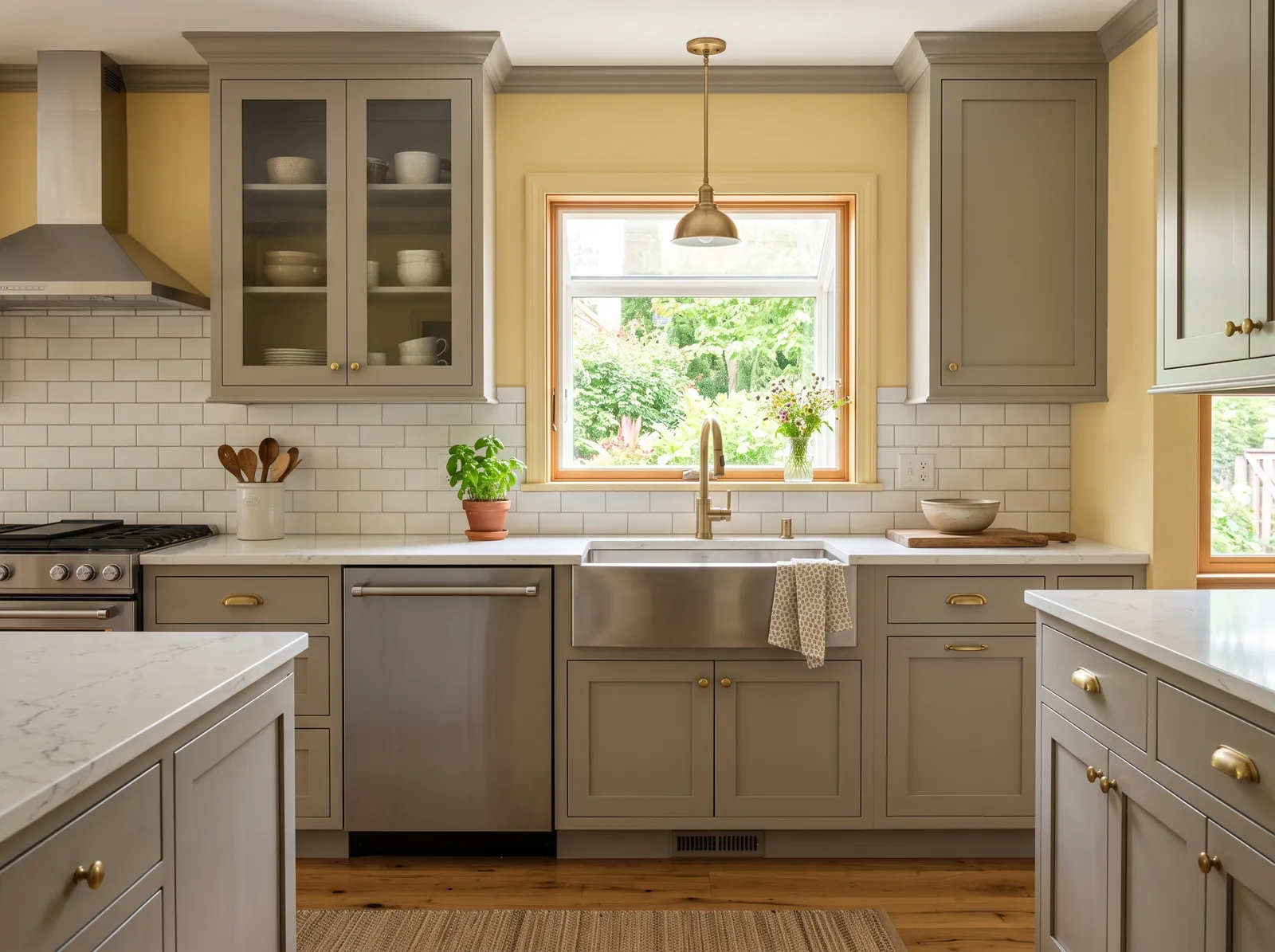 Gray Cabinets painted in Hawthorne Yellow — Soft Yellow Walls