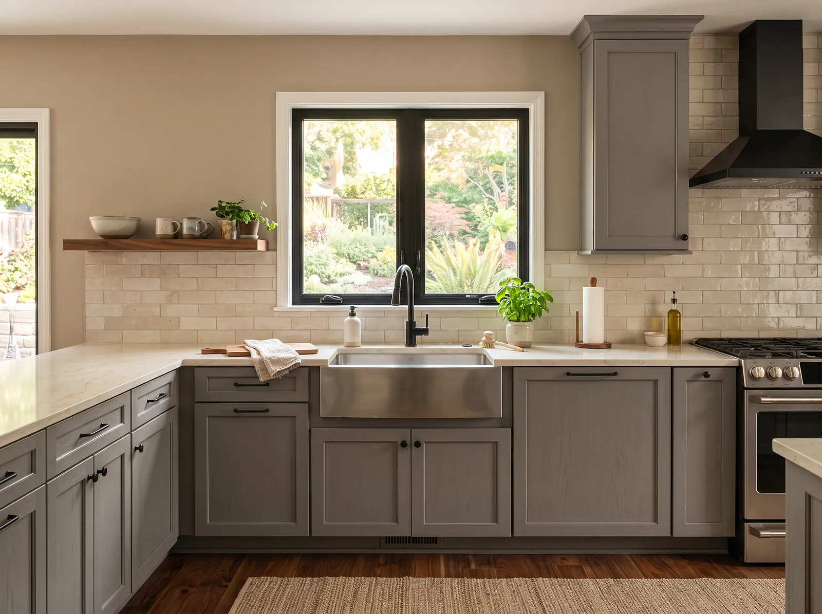 Gray Cabinets painted in Balanced Beige — Warm Taupe Walls
