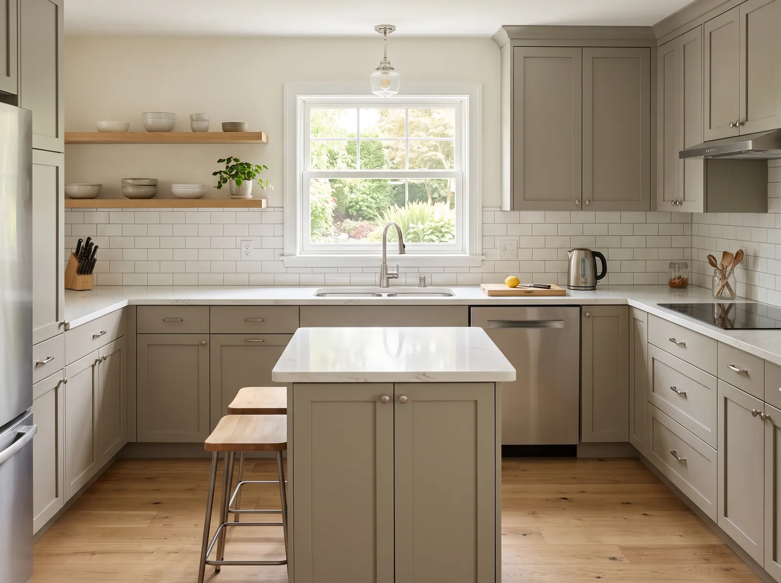 Gray Cabinets painted in White Dove — Warm White Walls