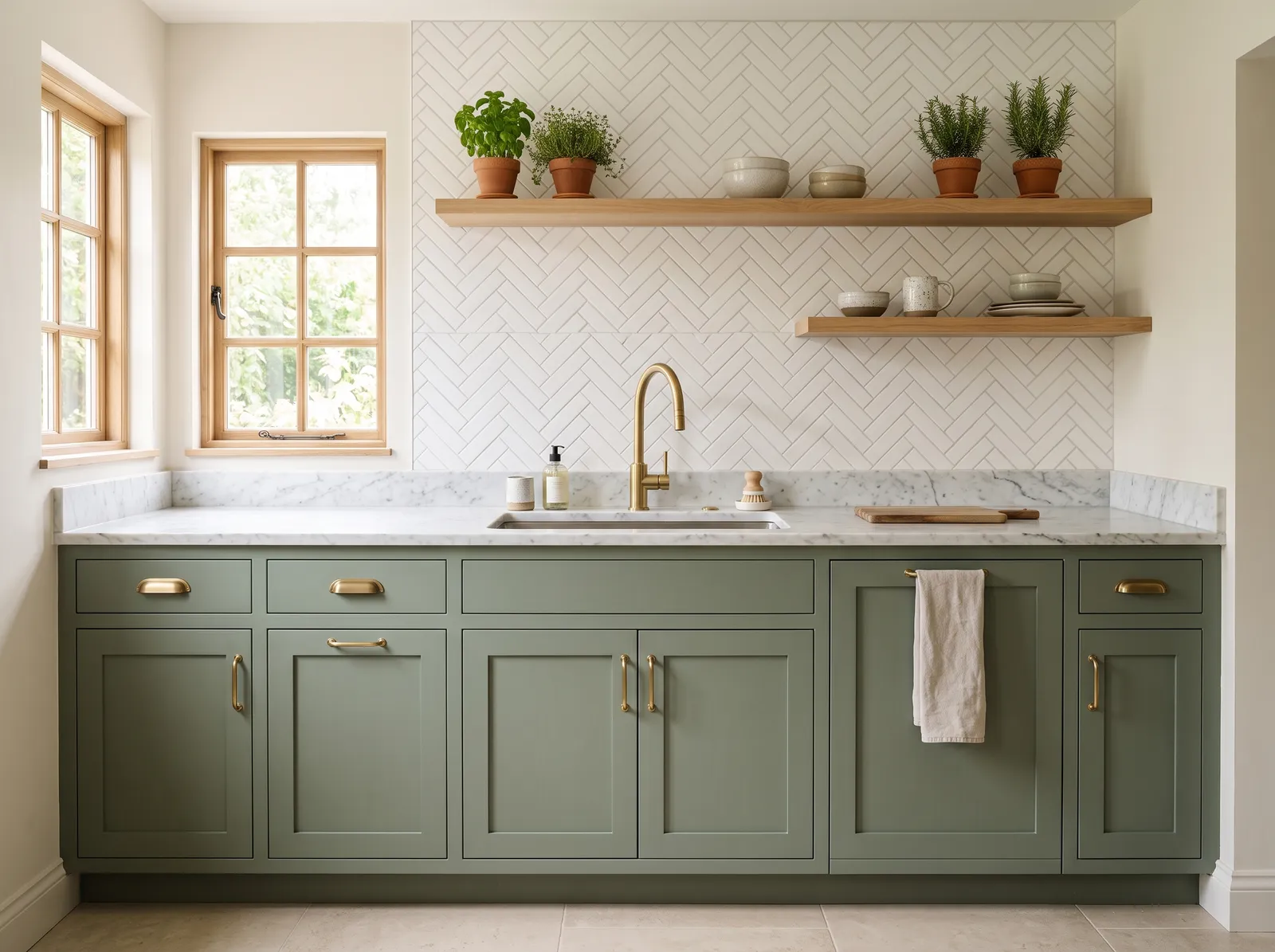 Green Cabinets painted in Aspen — Quiet Gray-Green