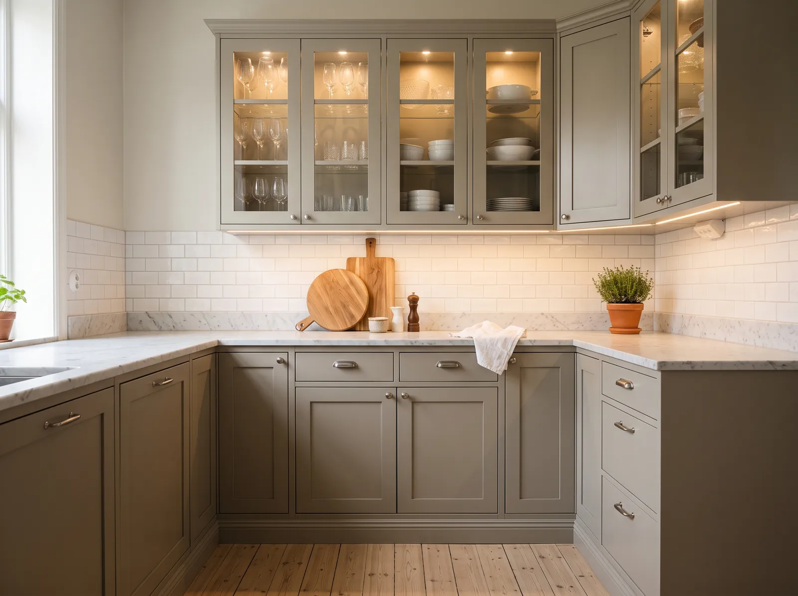 Green Cabinets painted in Arctic Shadows — Soft Greige Cabinets