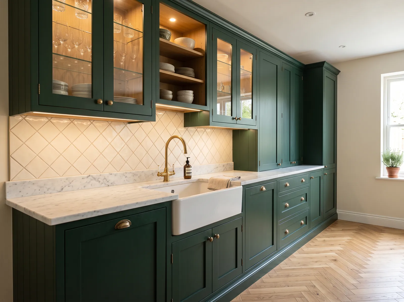 Green Cabinets painted in Roycroft Bottle Green — Bottle Green Cabinets