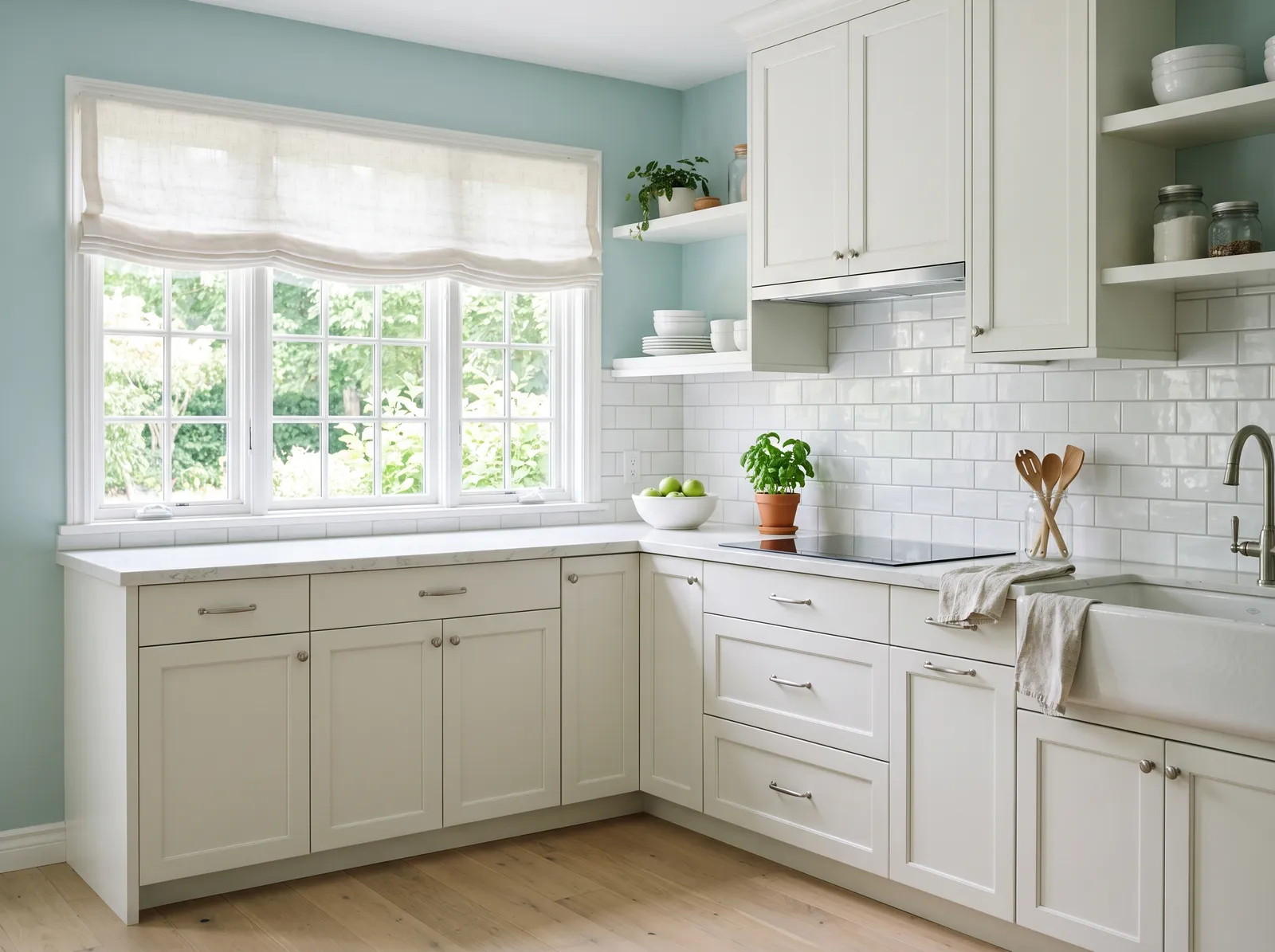 White Cabinets painted in Palladian Blue — Blue-Green Walls