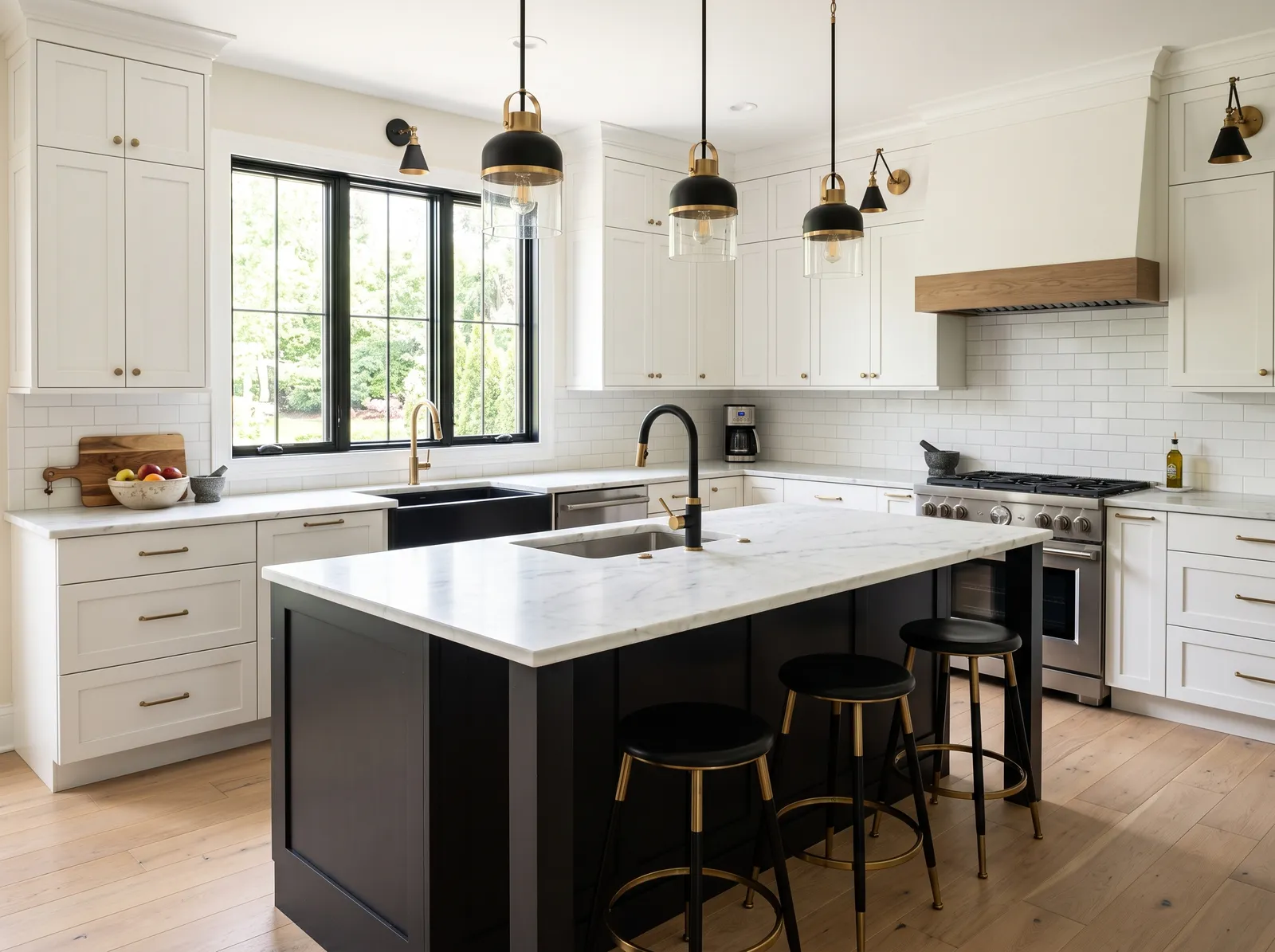 White Cabinets painted in Swiss Coffee — Creamy White, Black Island