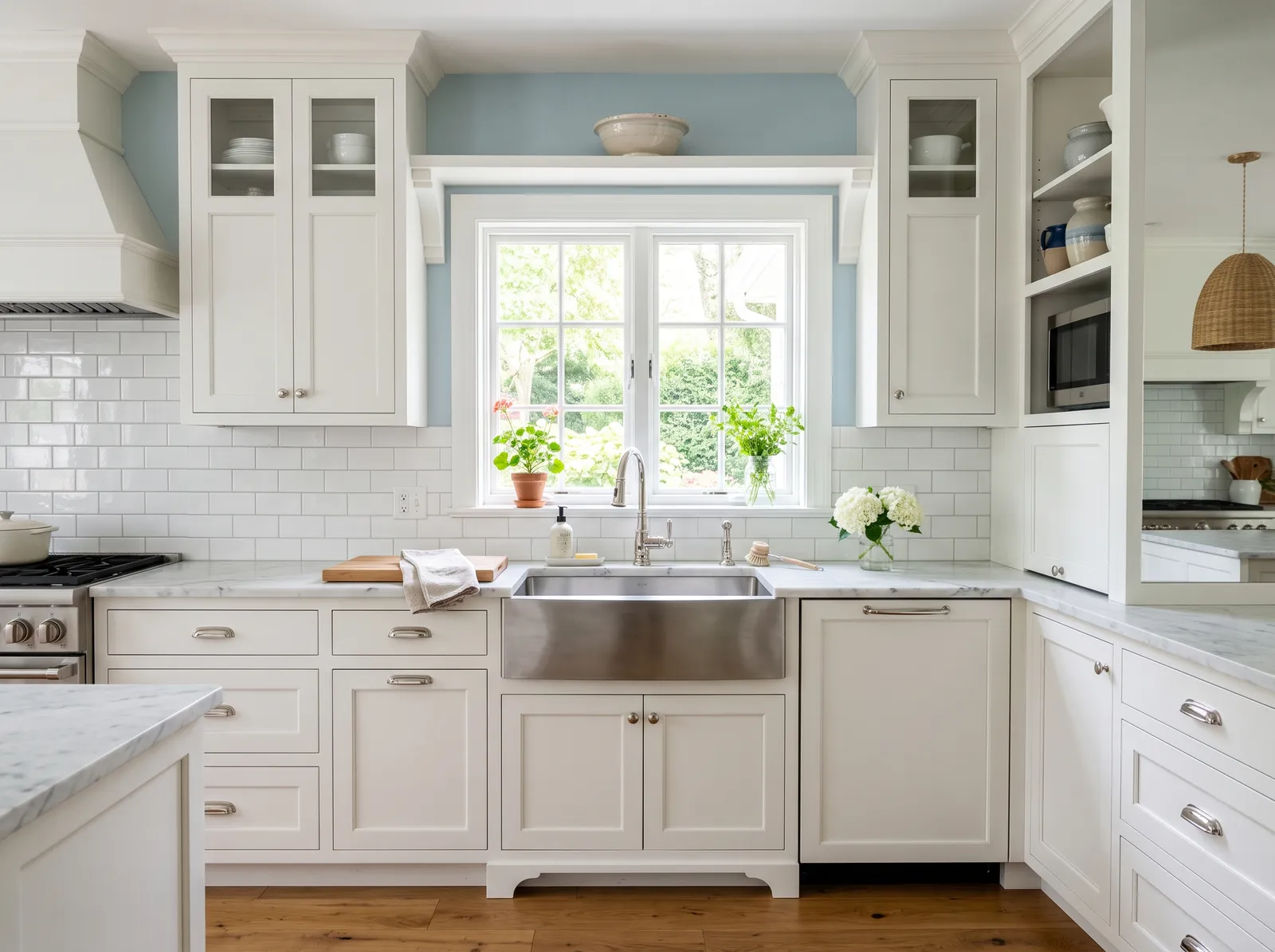 White Cabinets painted in Yarmouth Blue — Pale Blue Walls