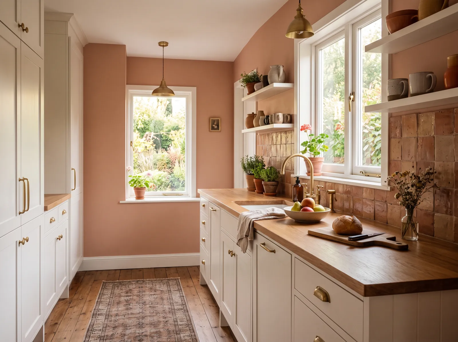 White Cabinets painted in Smoky Salmon — Pale Terracotta Walls
