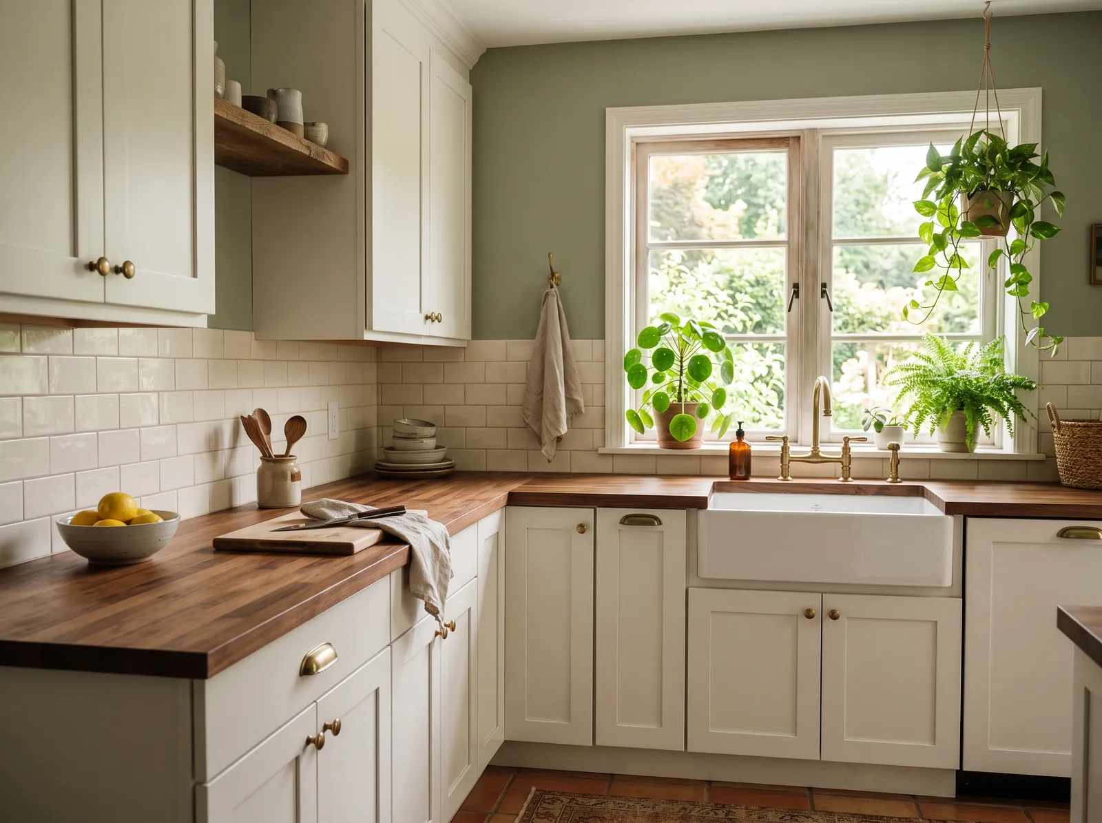 White Cabinets painted in Evergreen Fog — Sage Green Walls