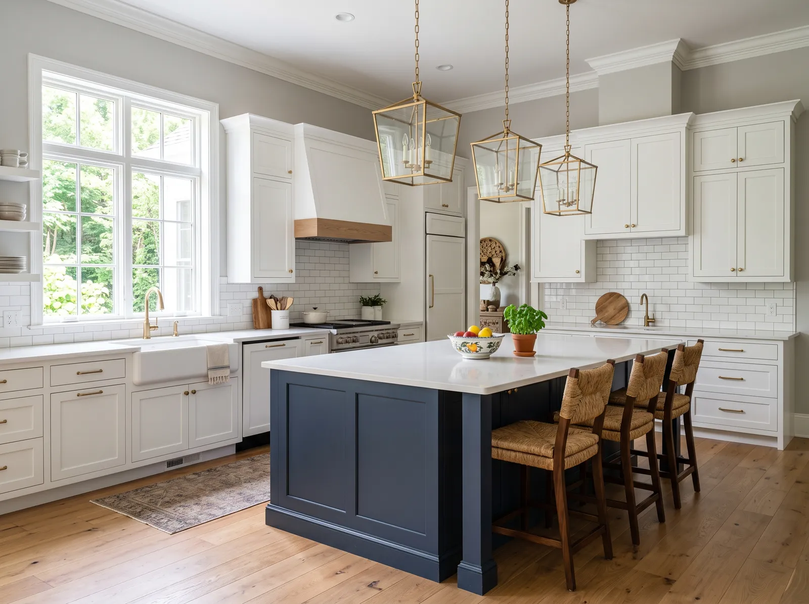 White Cabinets painted in Repose Gray — Soft Gray, Navy Island