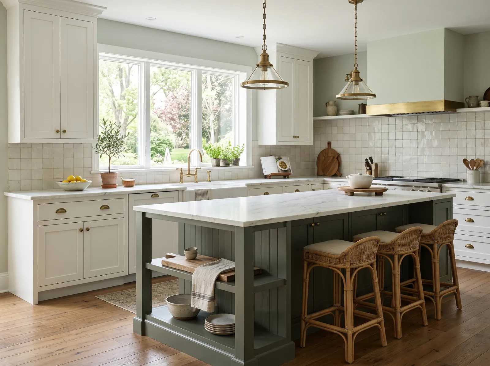 White Cabinets painted in Sea Salt — Soft Green, Green Island