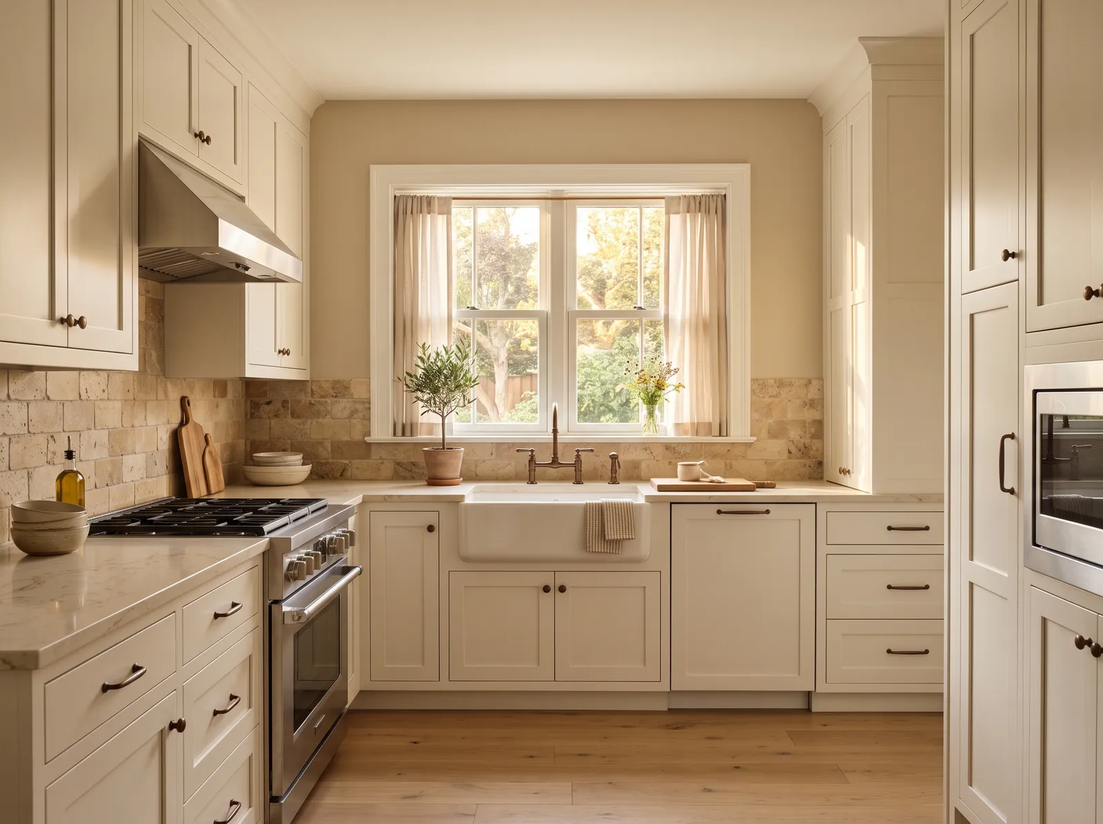 White Cabinets painted in Accessible Beige — Warm Taupe Walls