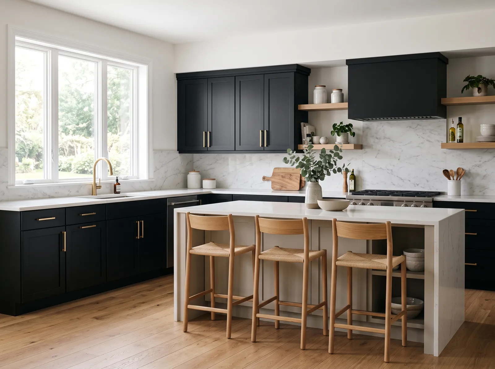 Kitchen painted in Cameo White — Bold Black Cabinets