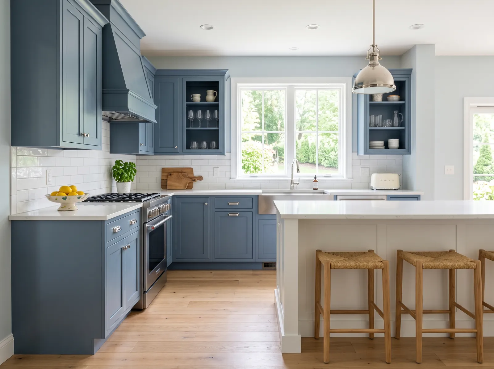 Kitchen painted in Silver Cloud — Slate Blue Cabinets