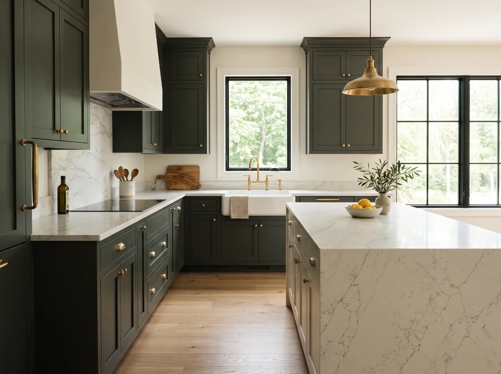 Kitchen painted in Arcade White — Deep Green Cabinets