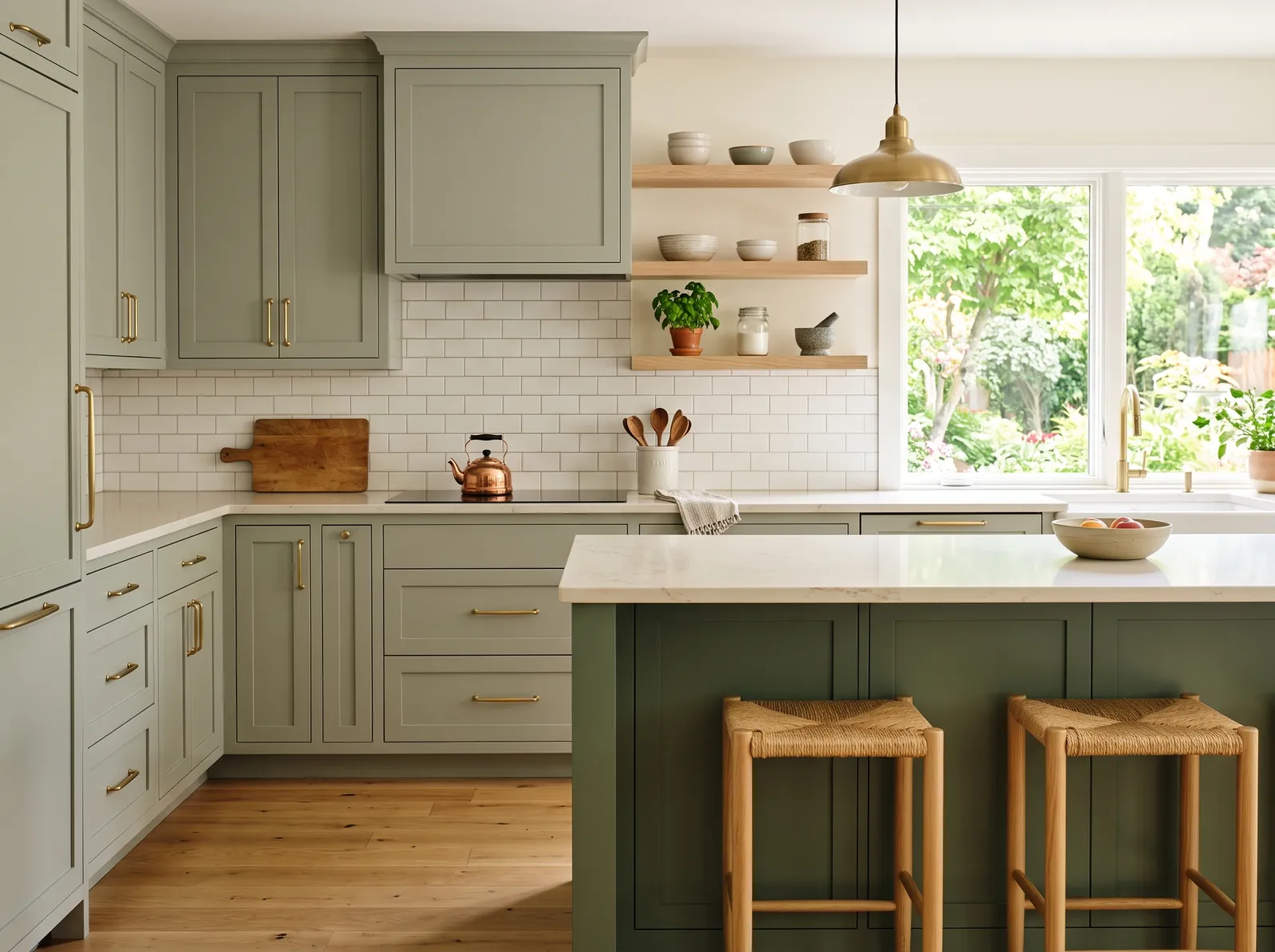 Kitchen painted in Abstract White — Soft Sage Cabinets