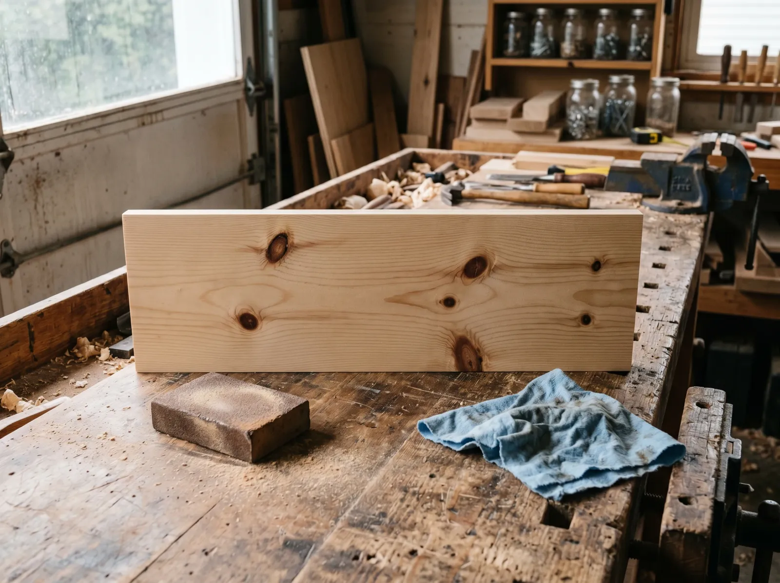 Knotty pine board after sanding with clean recessed knots ready for sealing