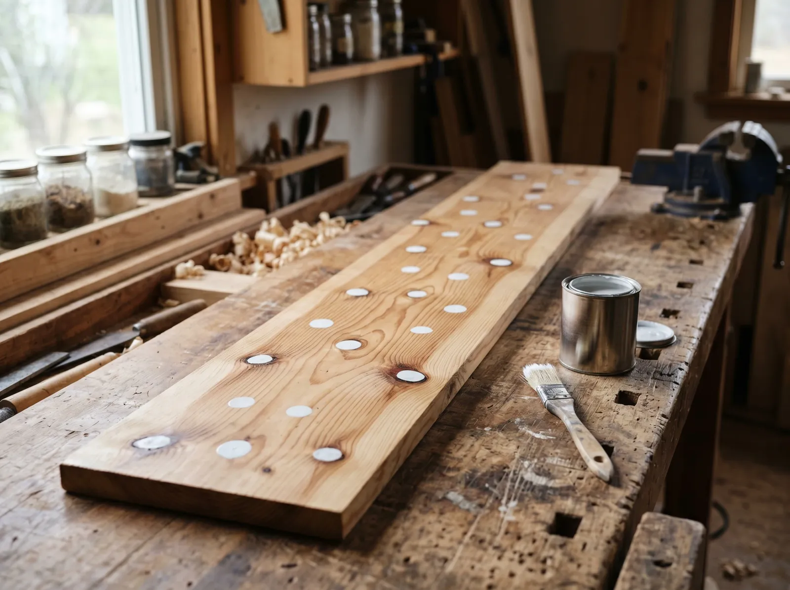 Knotty pine board with each knot spot-sealed under a white circle of shellac primer