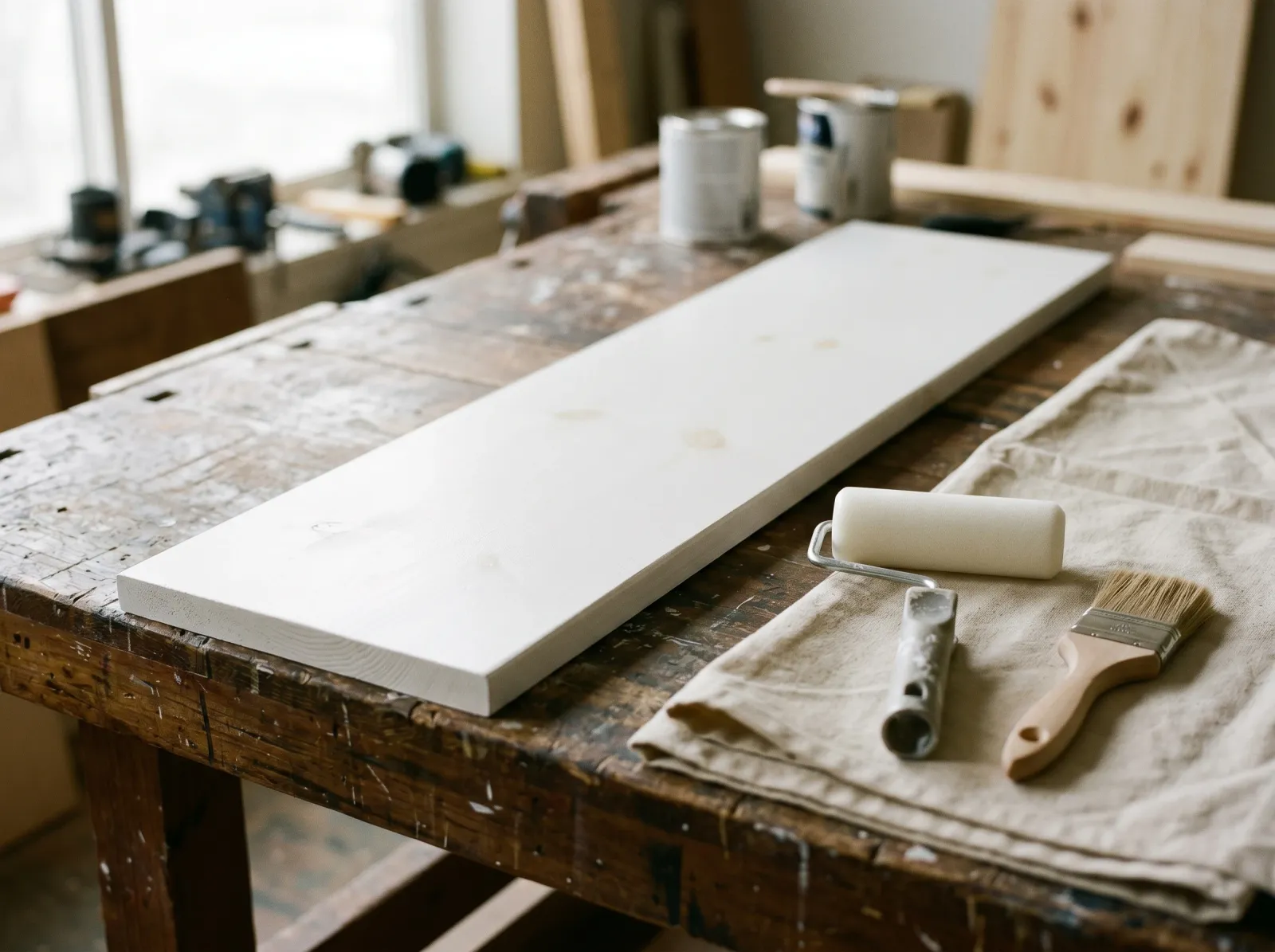 Knotty pine board under a full uniform white primer coat with knots no longer visible