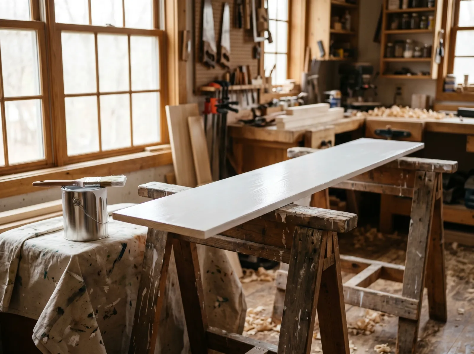 Primed knotty pine board with a first white finish coat drying on sawhorses